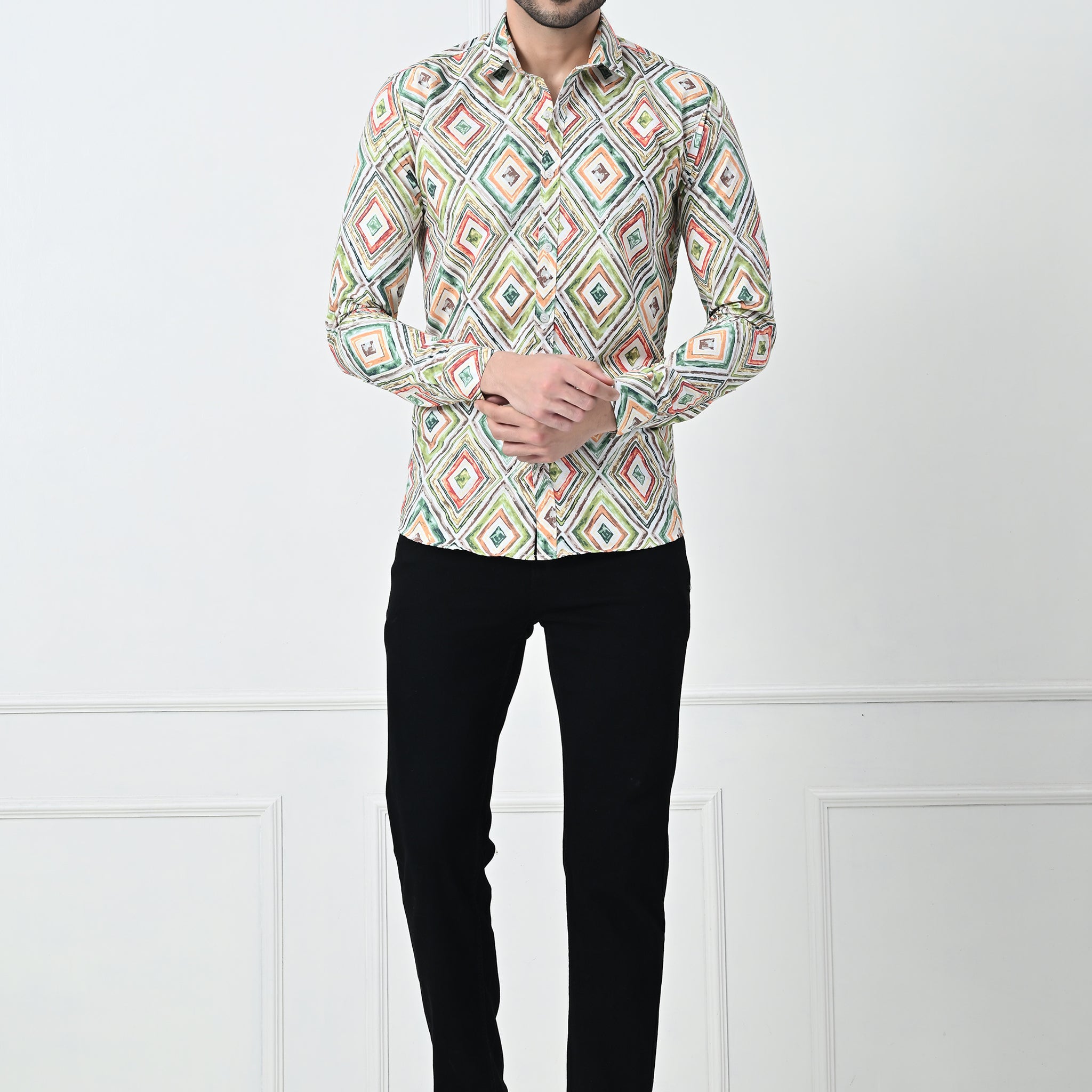 Multi-Color Mosaic Print Slim Fit Festive Shirt