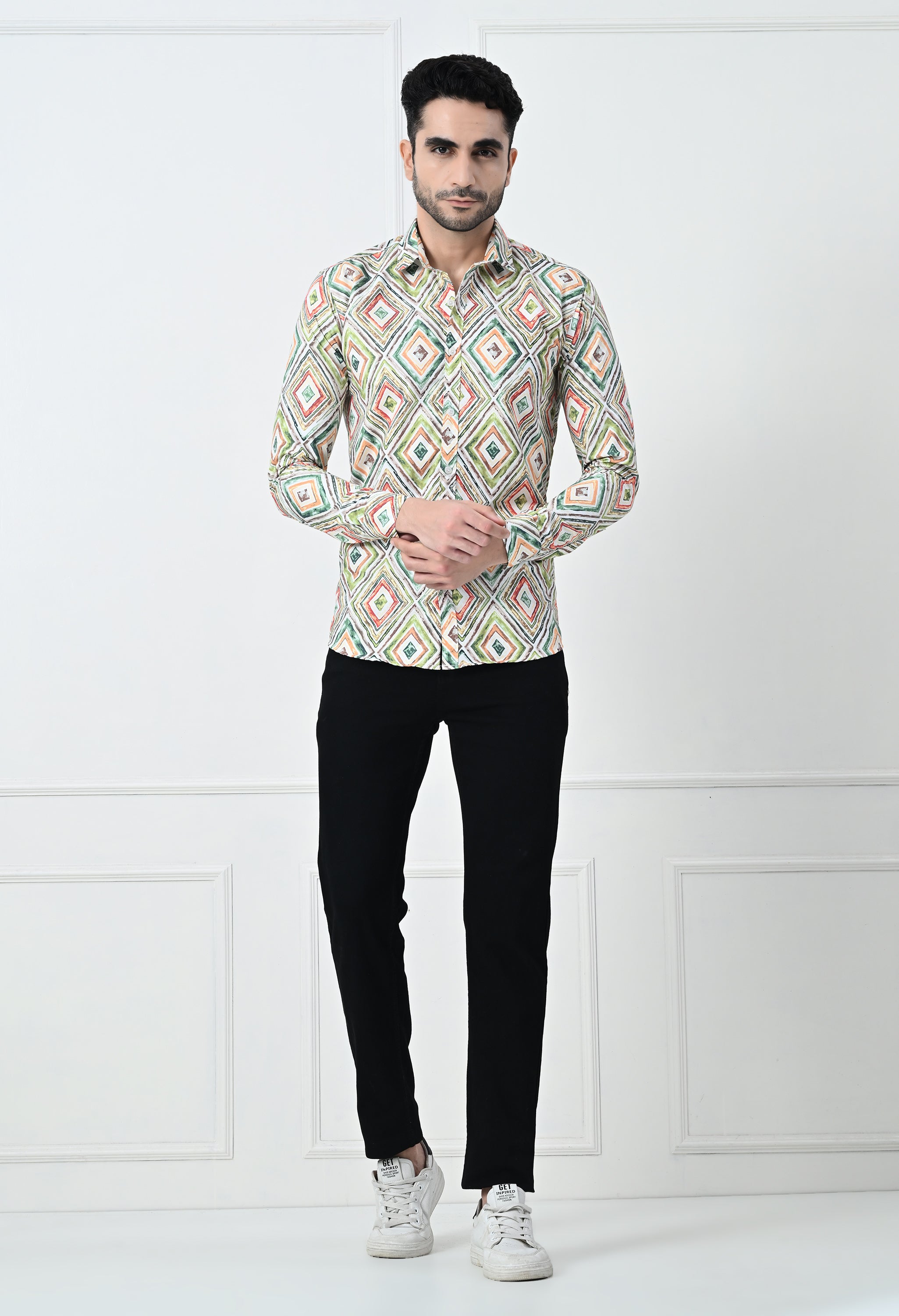 Multi-Color Mosaic Print Slim Fit Festive Shirt