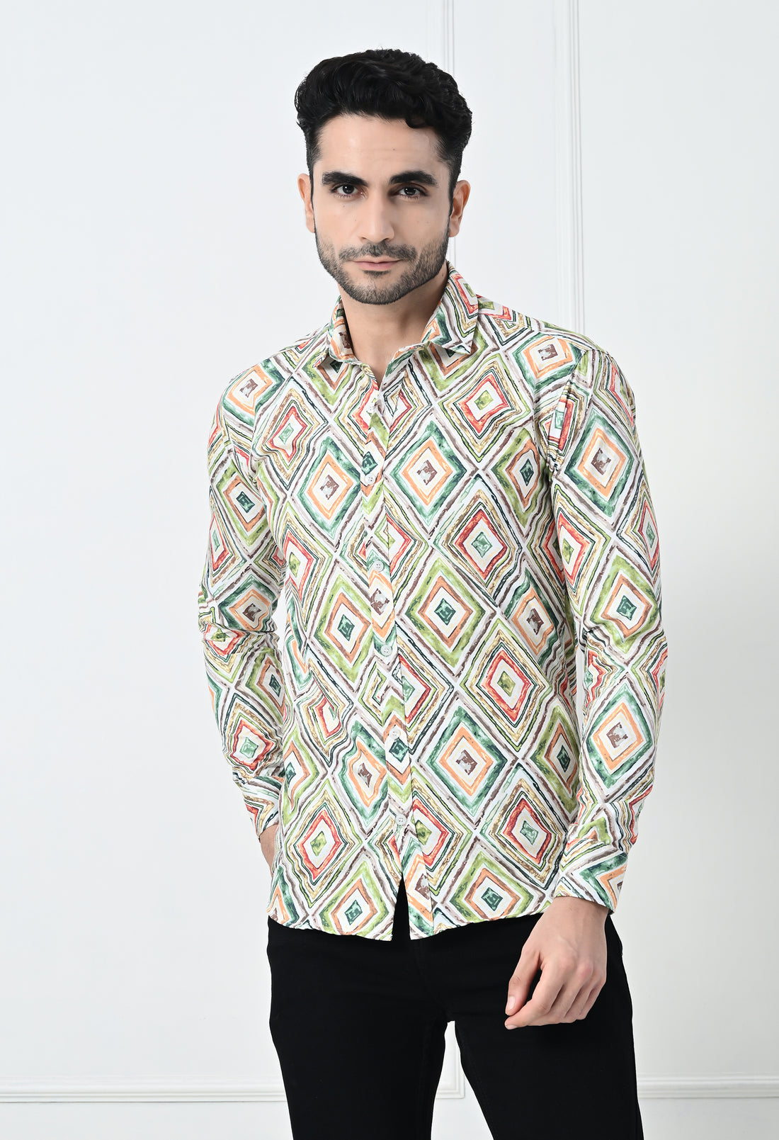 Multi-Color Mosaic Print Slim Fit Festive Shirt