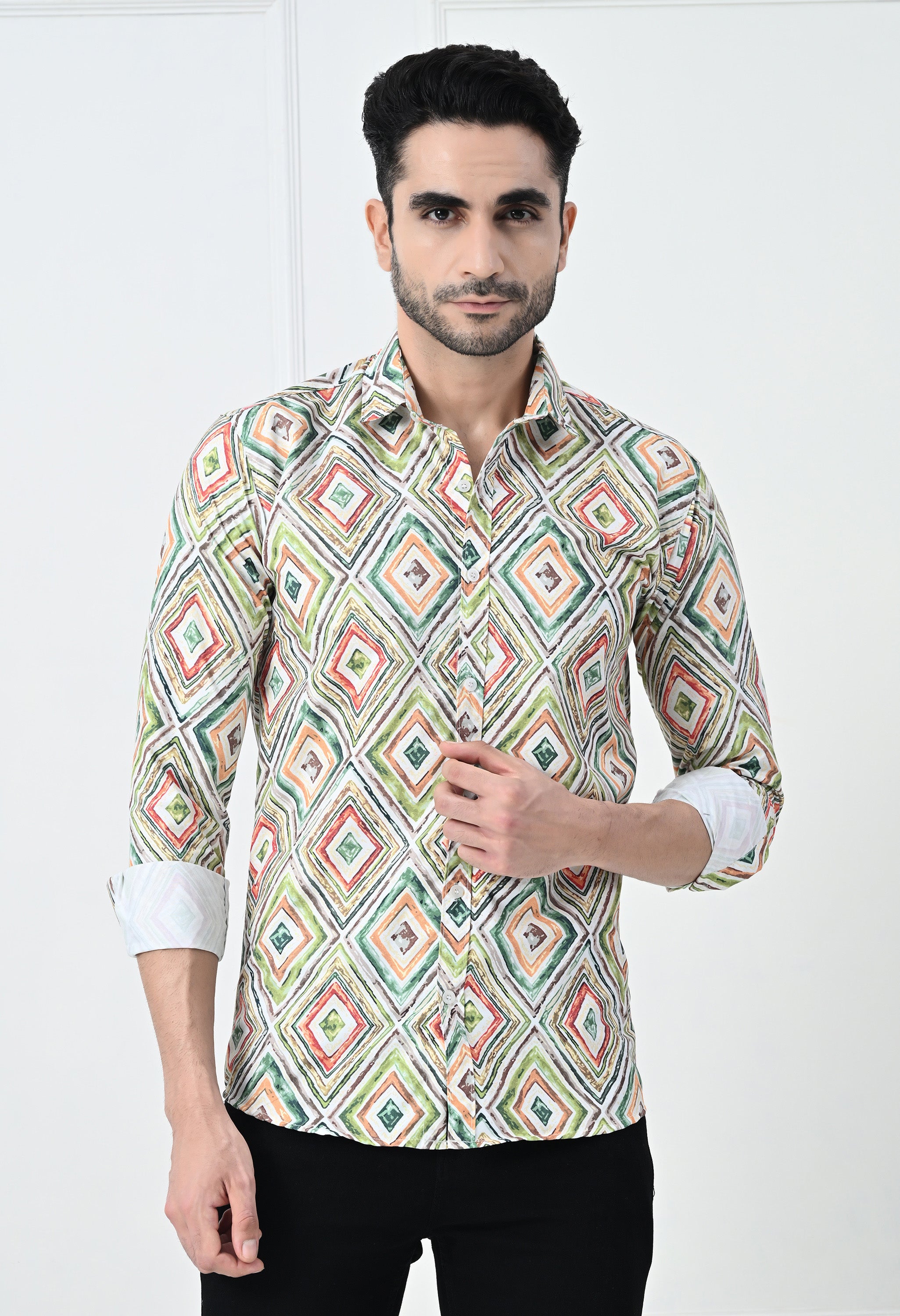 Multi-Color Mosaic Print Slim Fit Festive Shirt