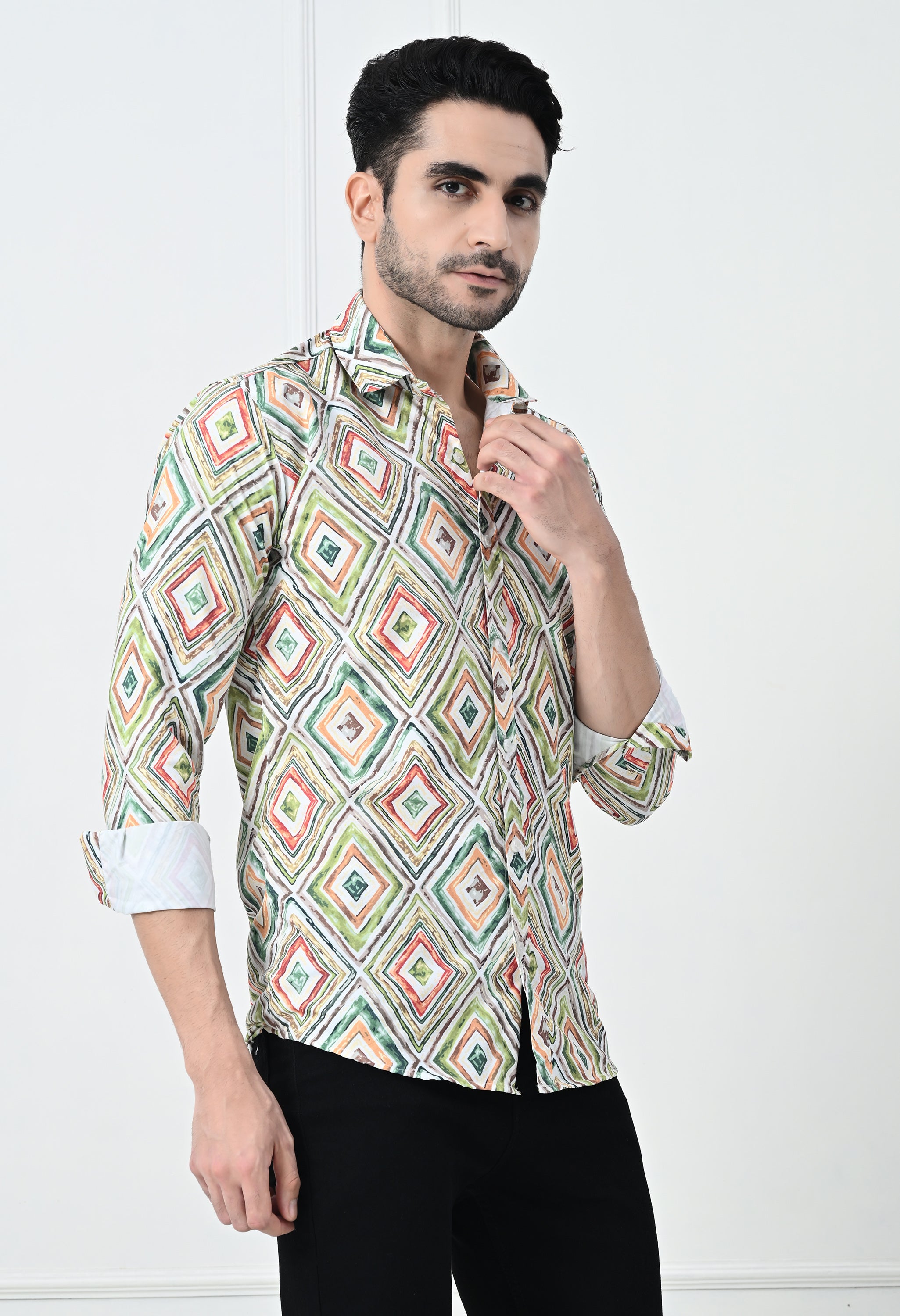 Multi-Color Mosaic Print Slim Fit Festive Shirt