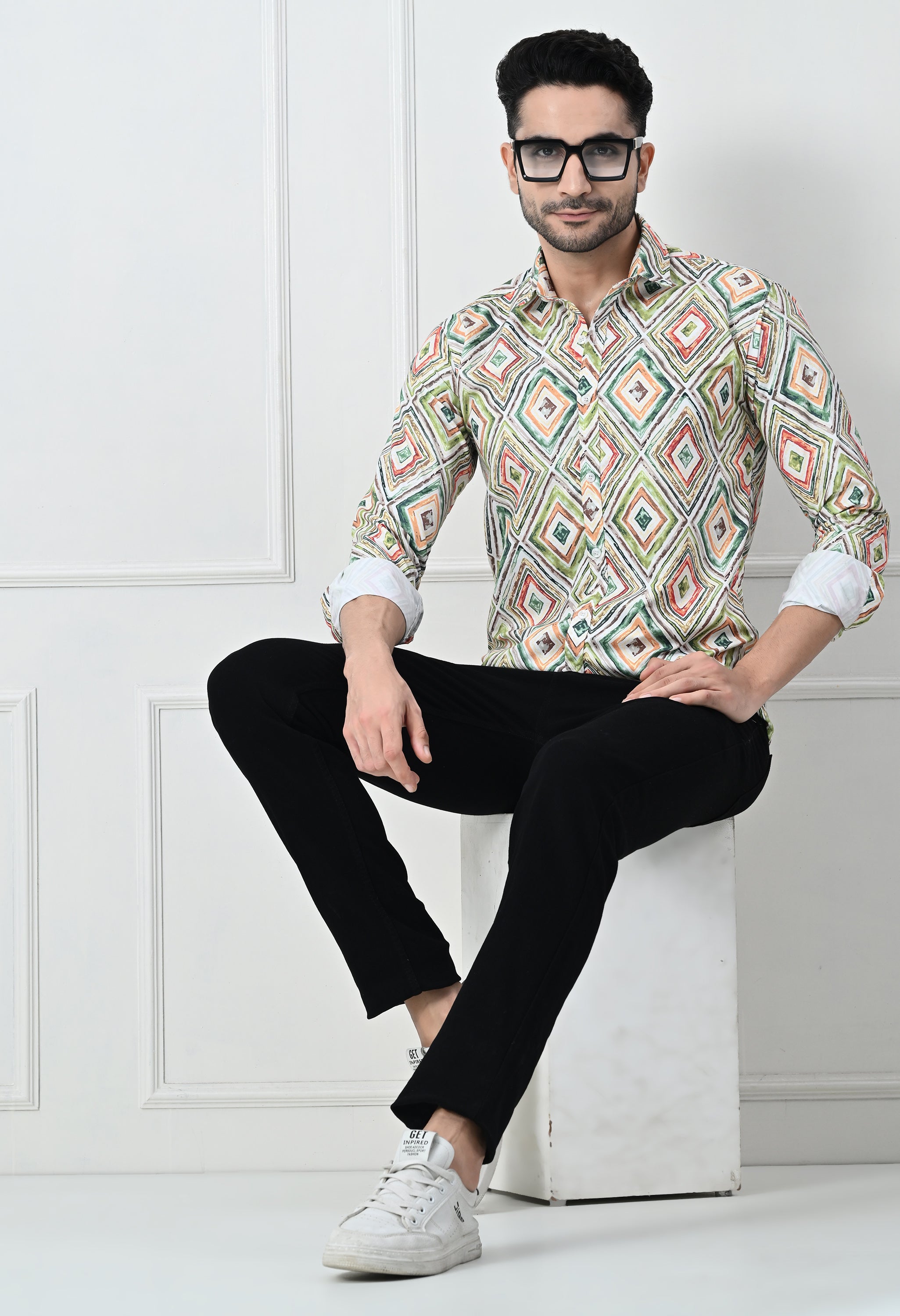 Multi-Color Mosaic Print Slim Fit Festive Shirt