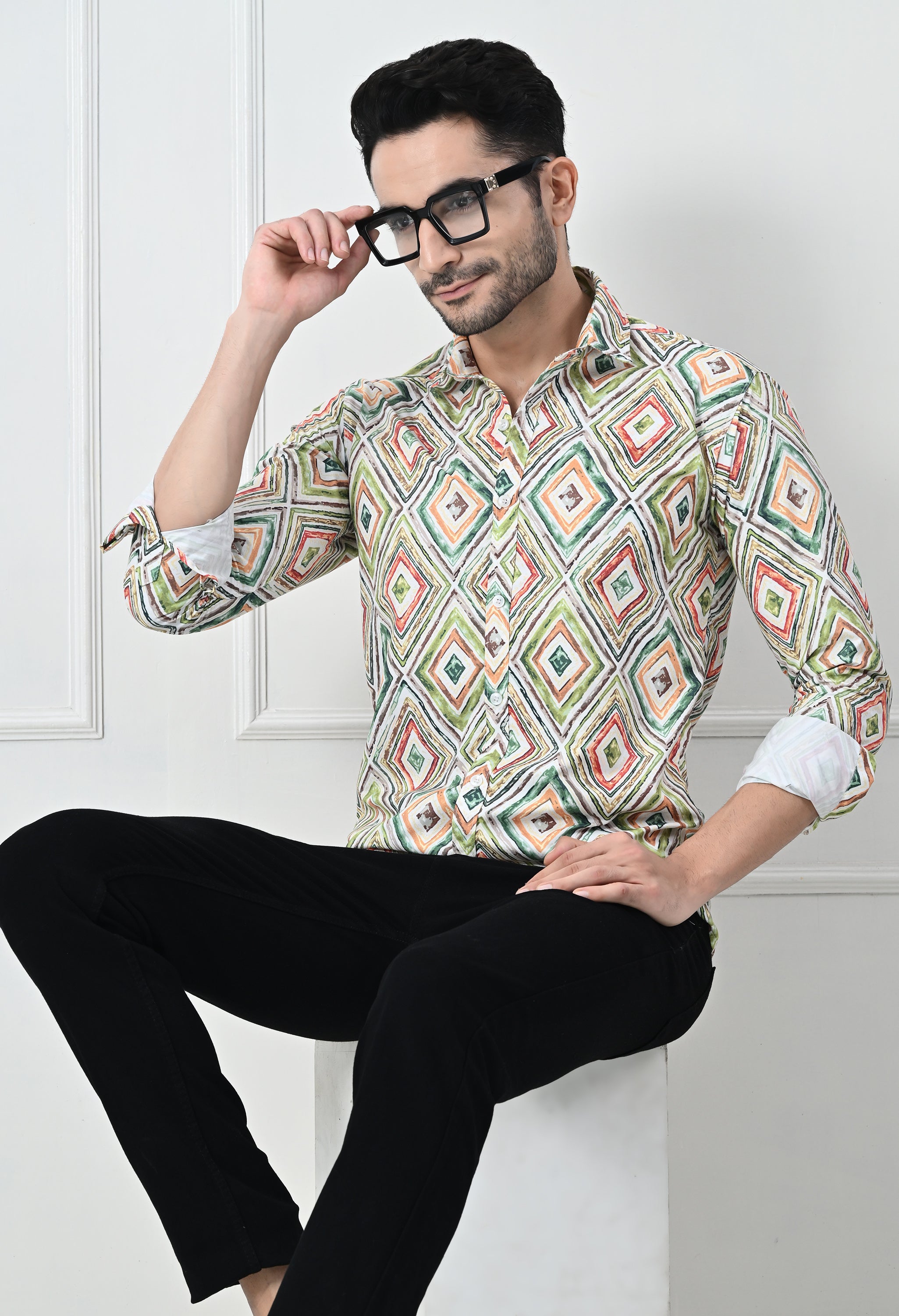 Multi-Color Mosaic Print Slim Fit Festive Shirt