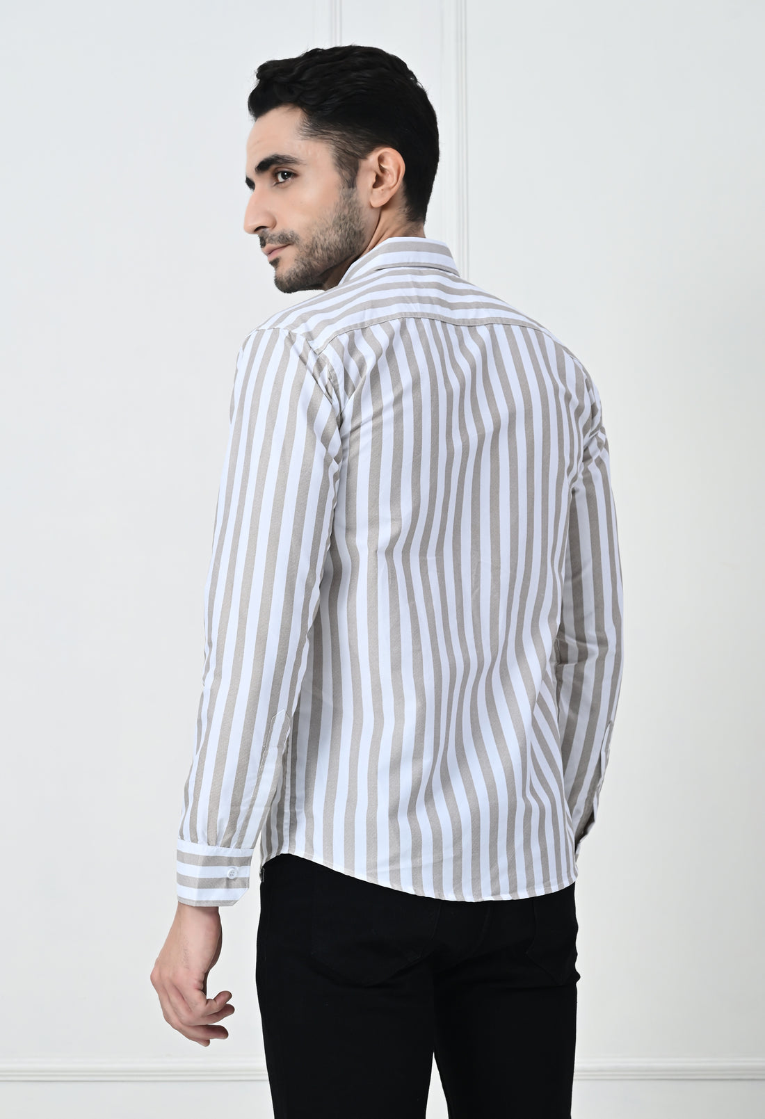 Classic Beige & White Striped Slim Fit Smart Casual Shirt