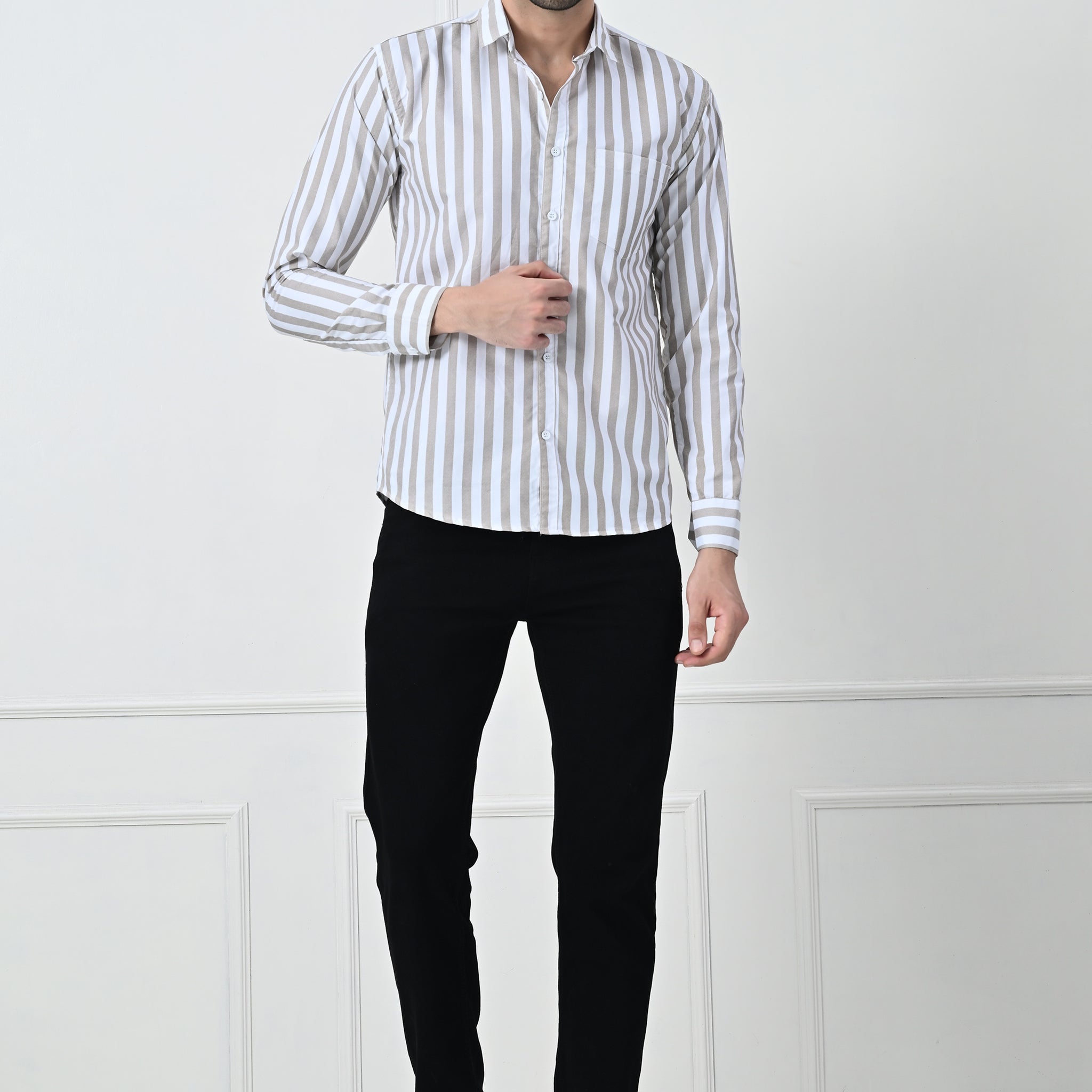 Classic Beige & White Striped Slim Fit Smart Casual Shirt