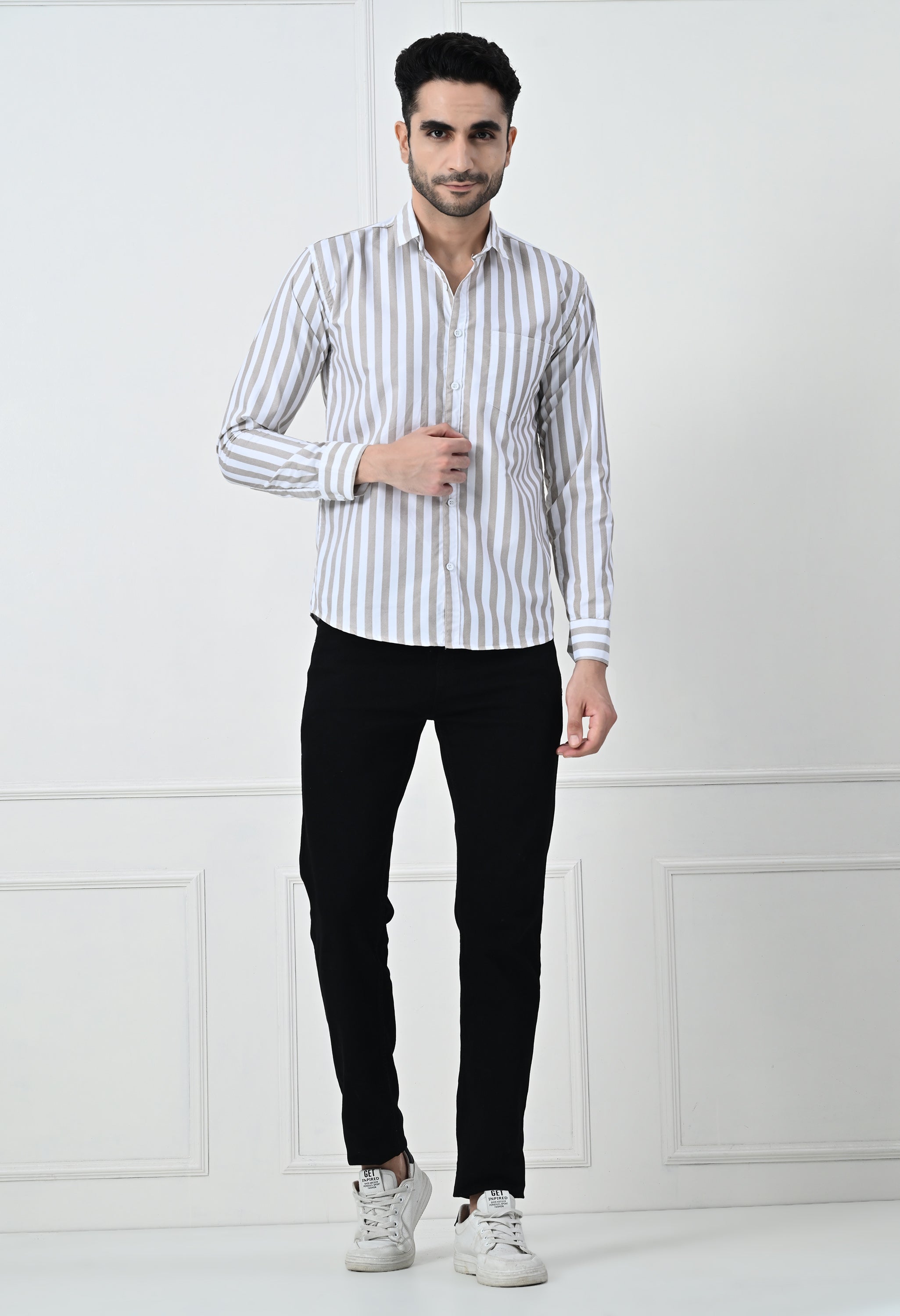 Classic Beige & White Striped Slim Fit Smart Casual Shirt