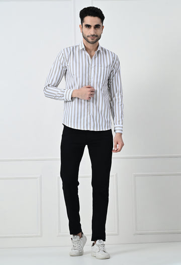 Classic Beige & White Striped Slim Fit Smart Casual Shirt