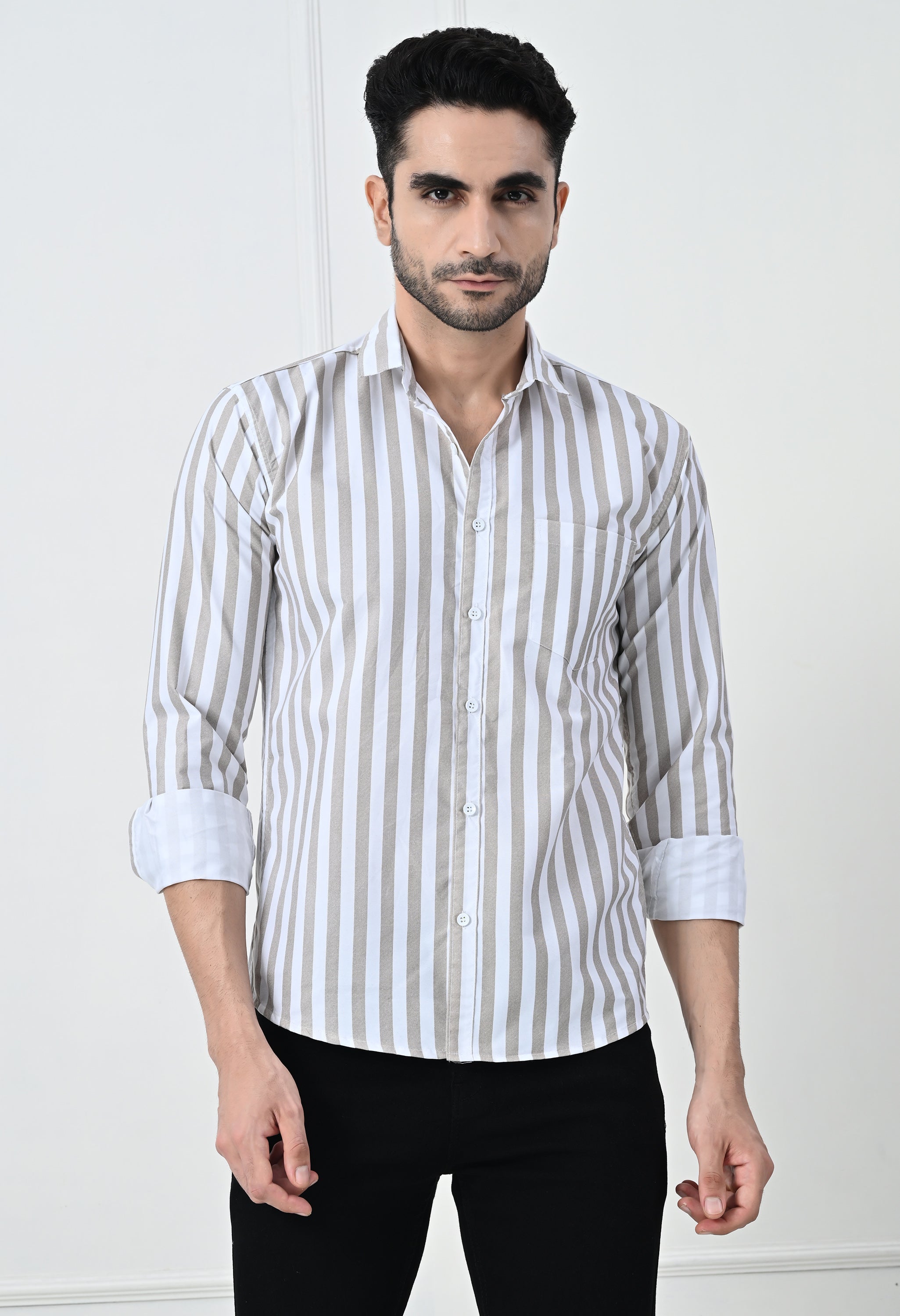 Classic Beige & White Striped Slim Fit Smart Casual Shirt