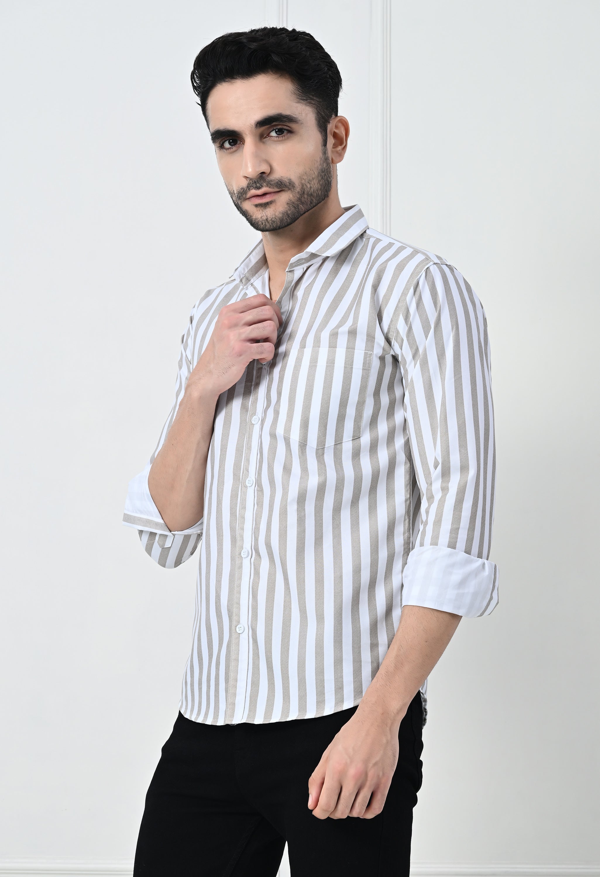 Classic Beige & White Striped Slim Fit Smart Casual Shirt
