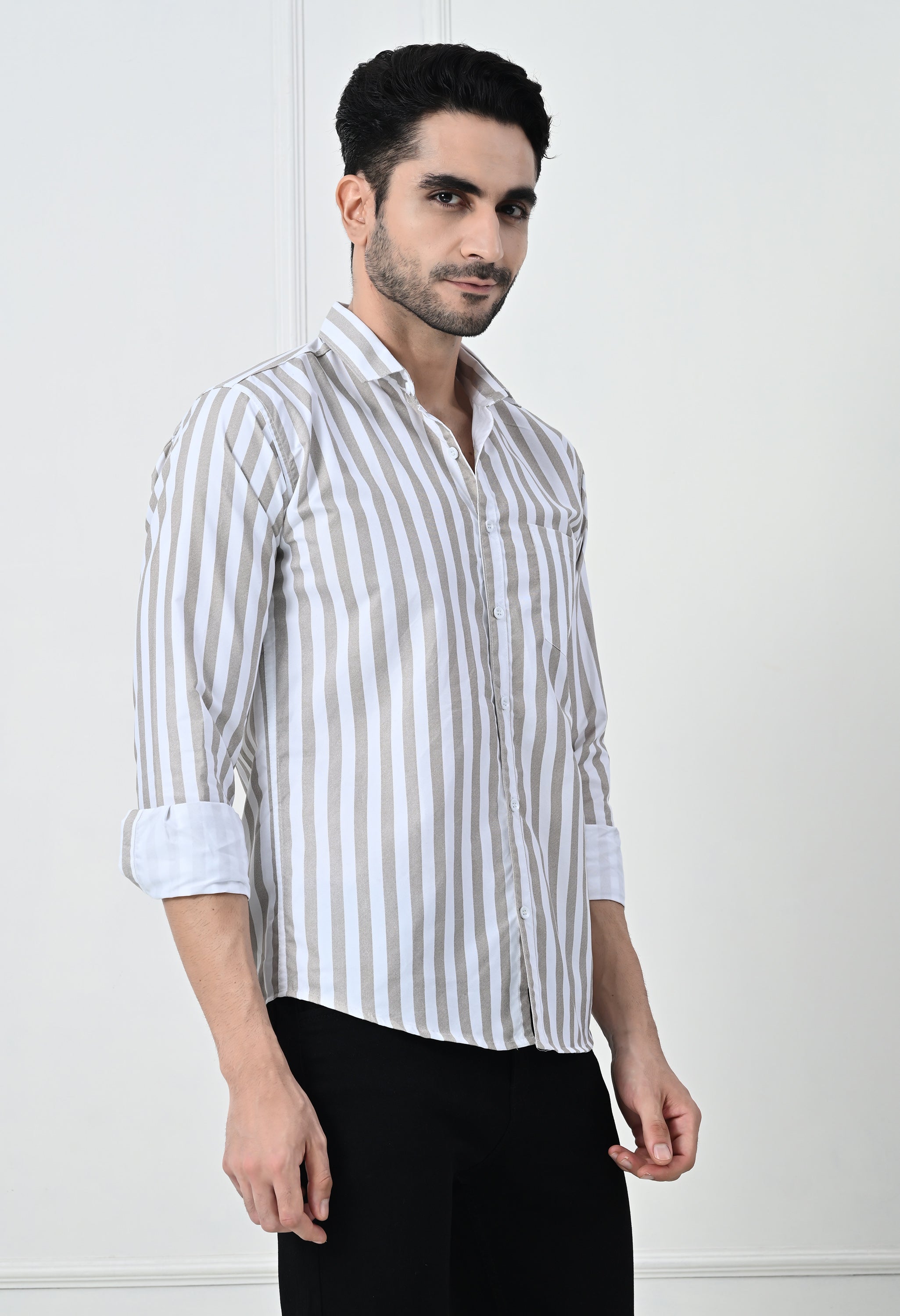 Classic Beige & White Striped Slim Fit Smart Casual Shirt