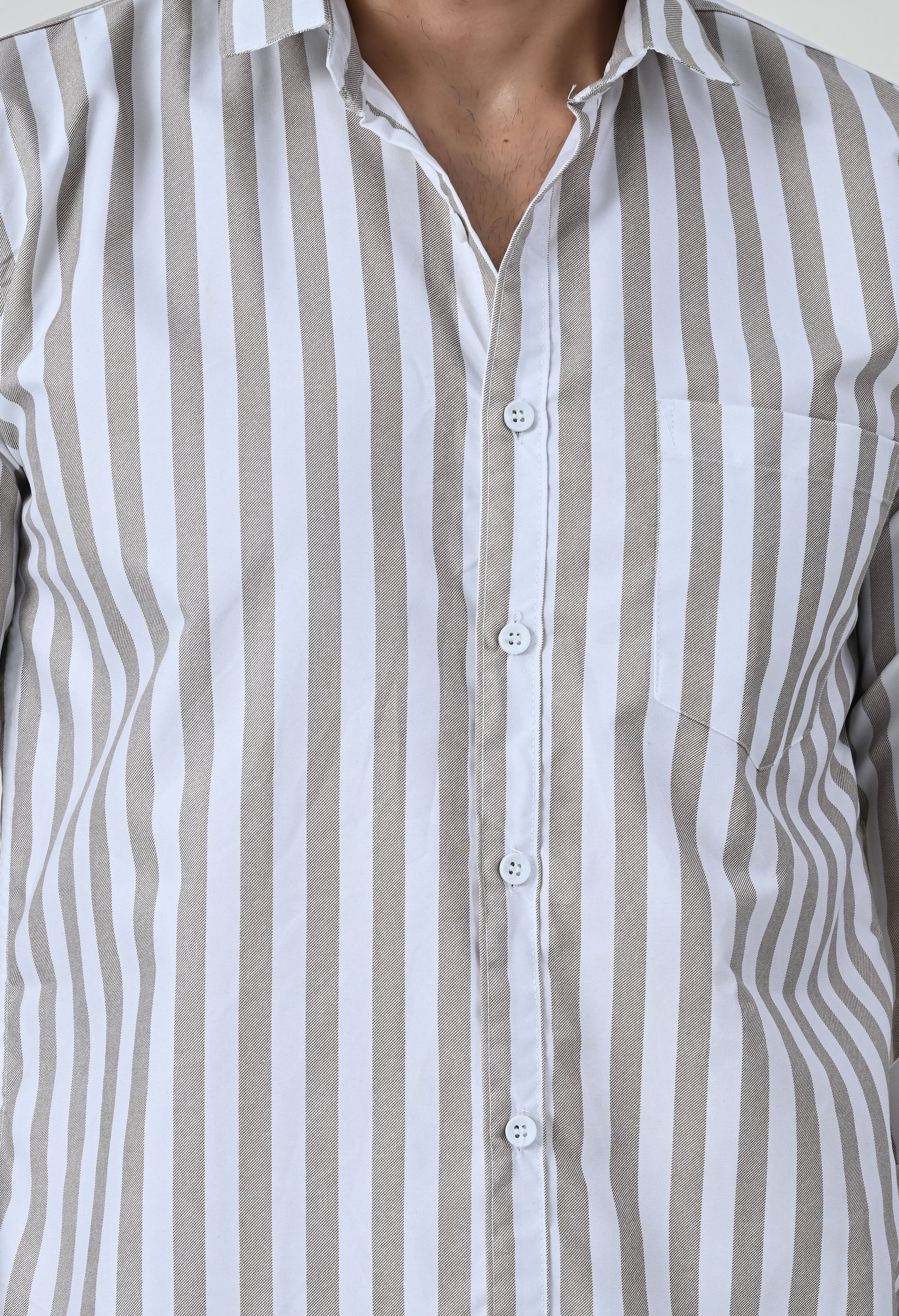 Classic Beige & White Striped Slim Fit Smart Casual Shirt