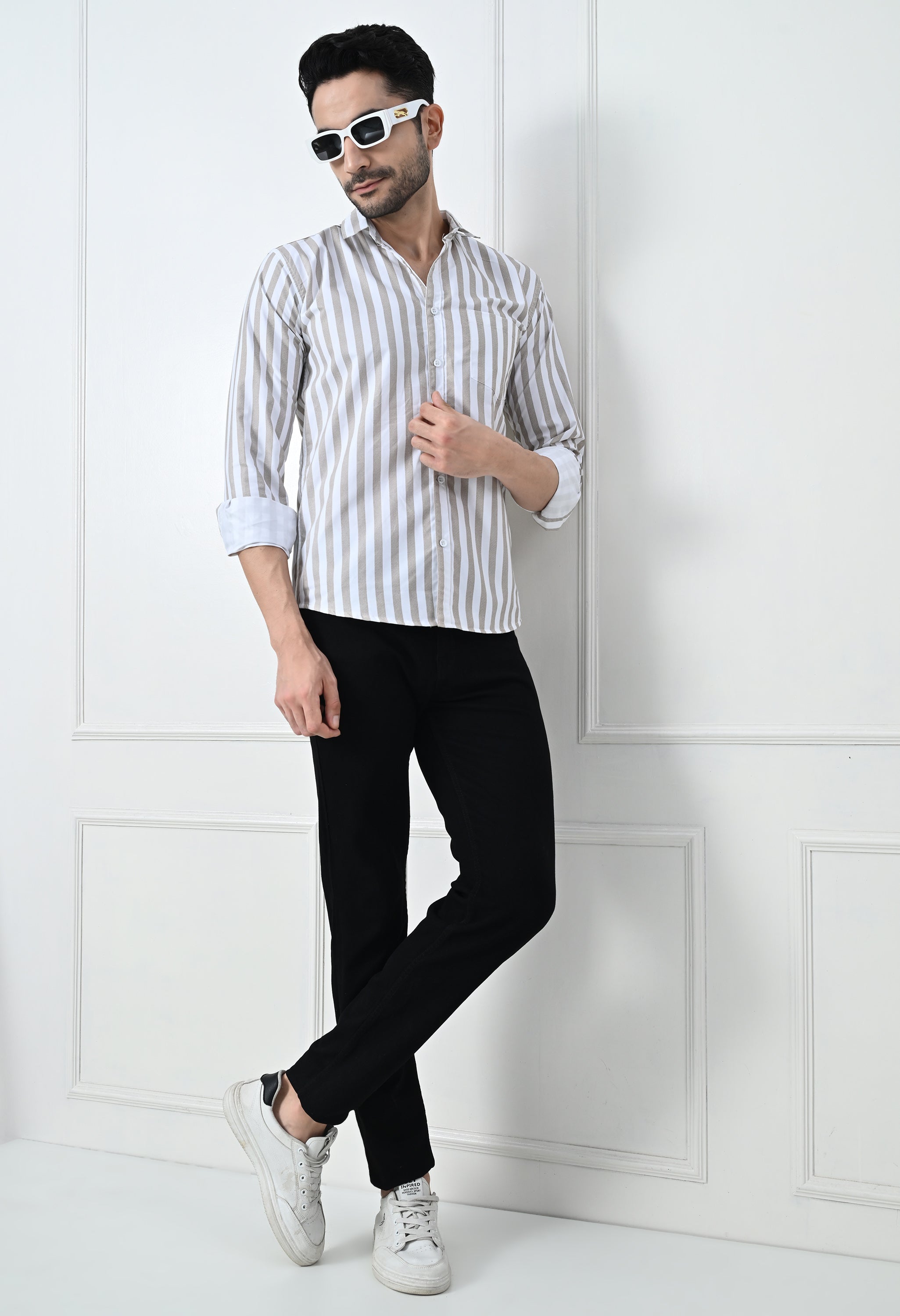 Classic Beige & White Striped Slim Fit Smart Casual Shirt