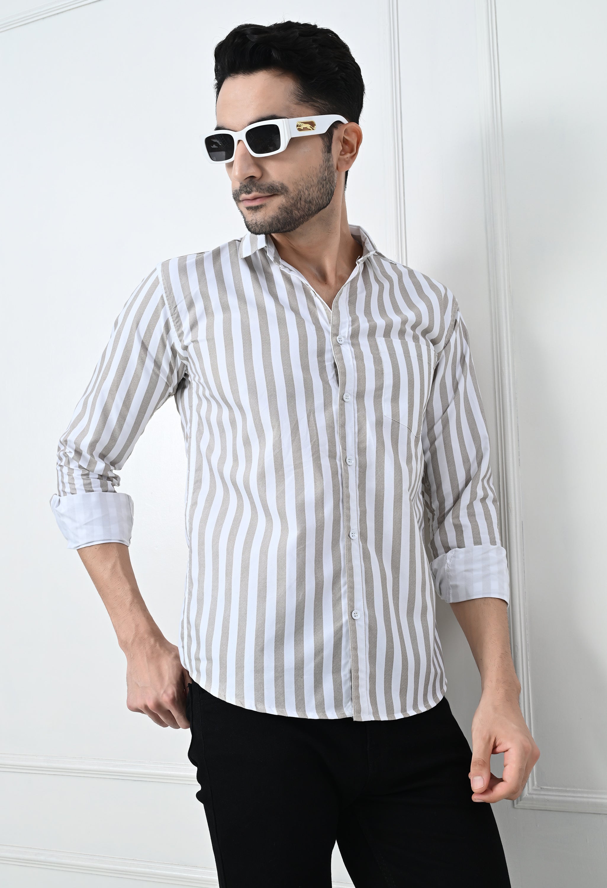 Classic Beige & White Striped Slim Fit Smart Casual Shirt