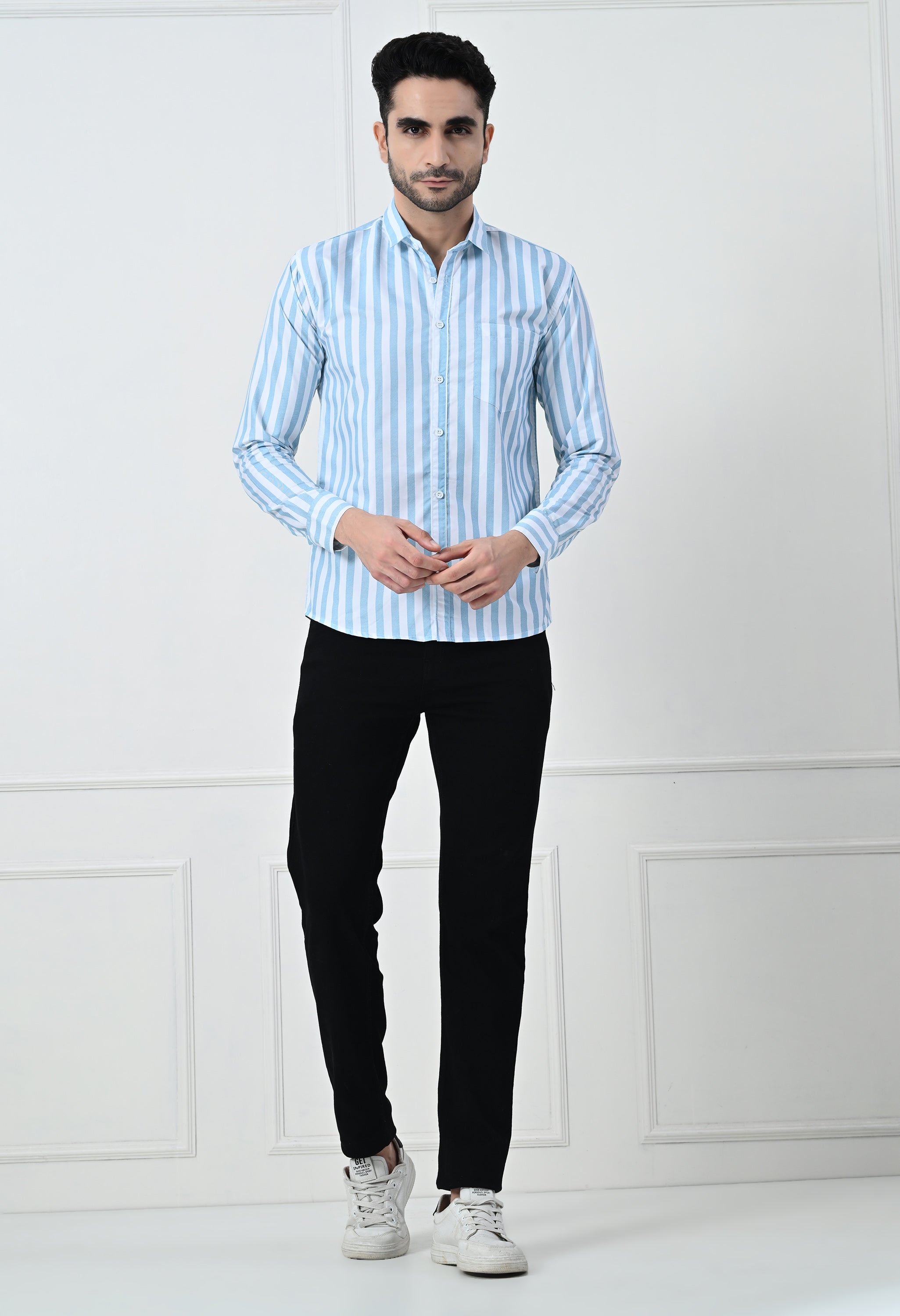 Classic Blue & White Striped Slim Fit Smart Casual Shirt