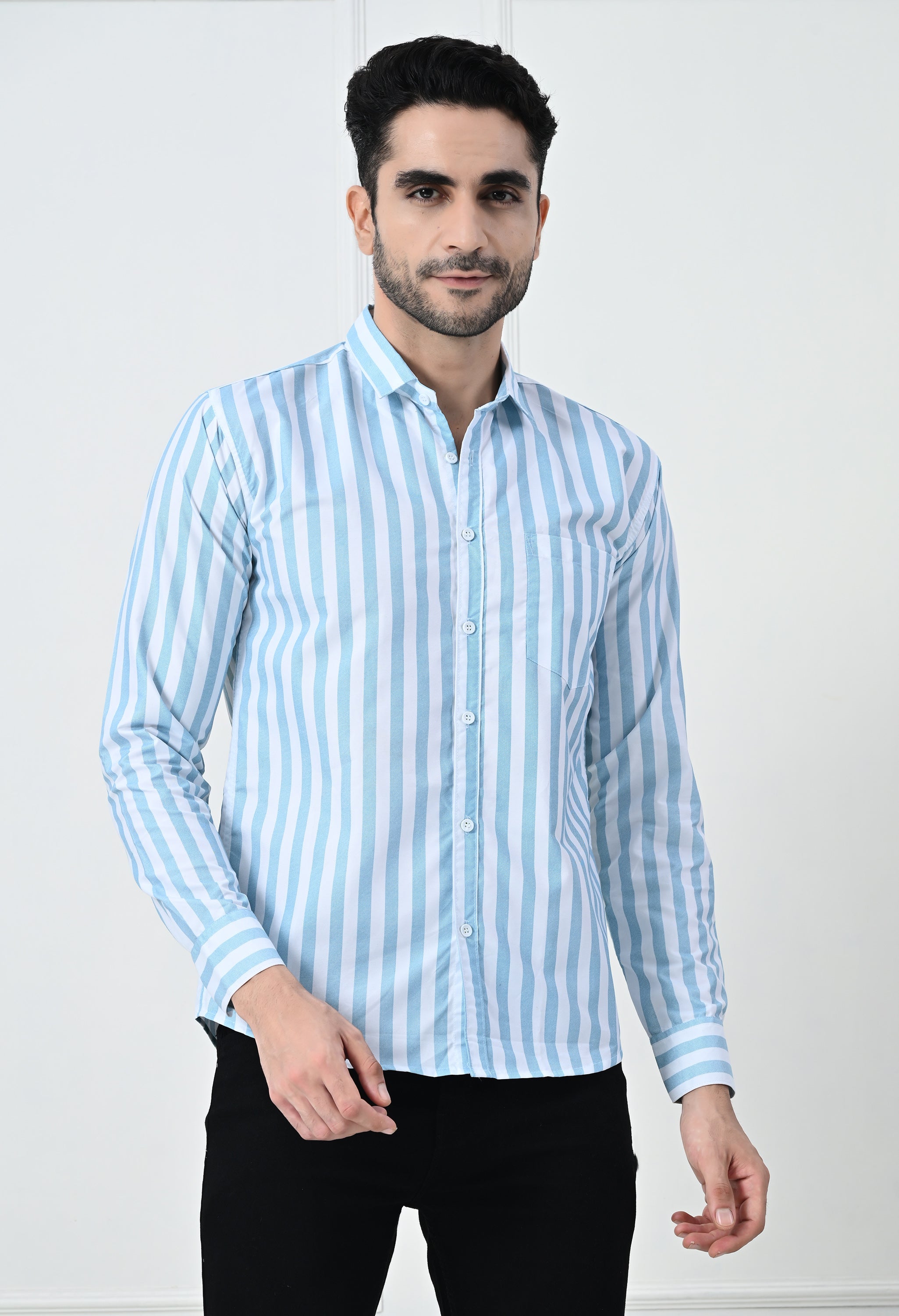 Classic Blue & White Striped Slim Fit Smart Casual Shirt