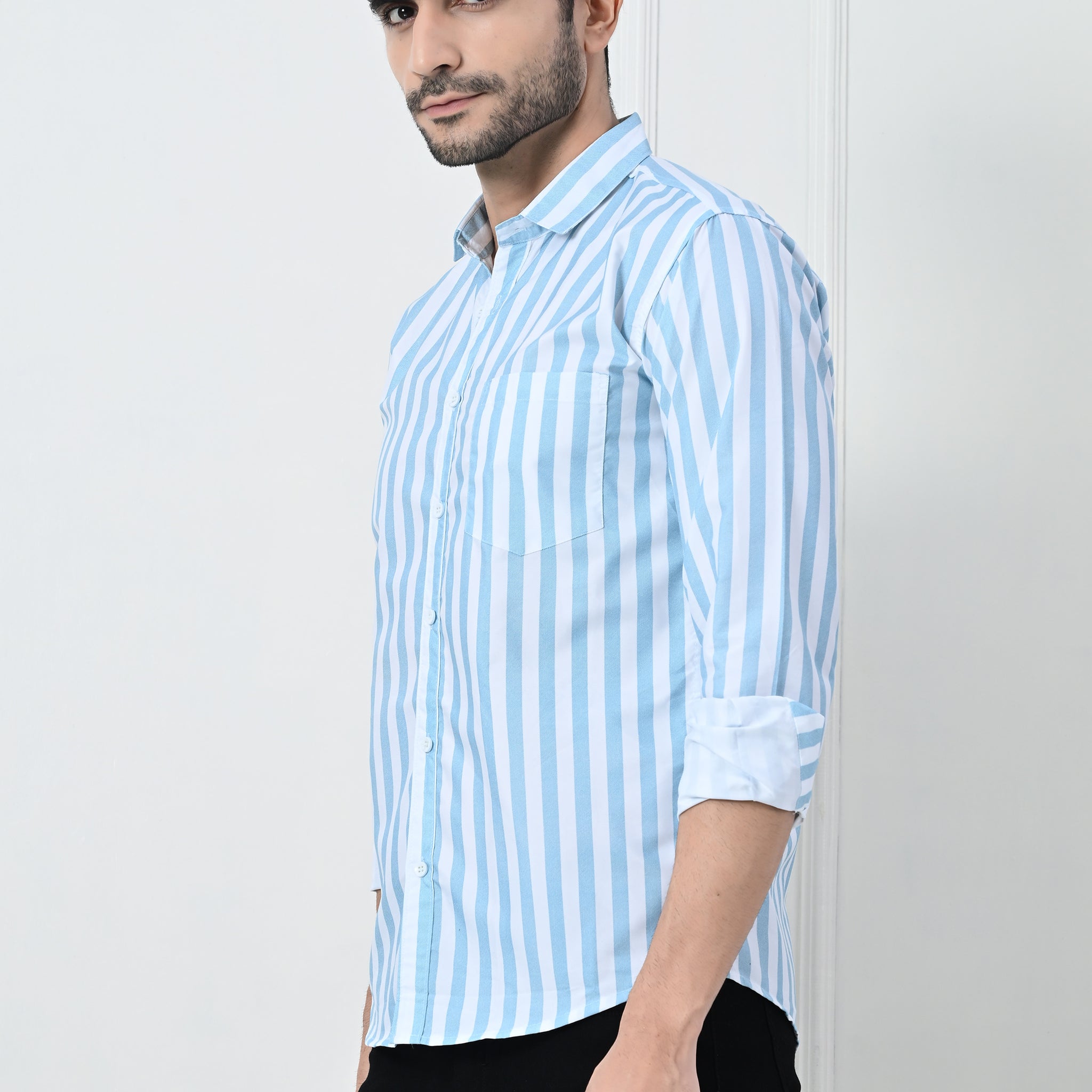 Classic Blue & White Striped Slim Fit Smart Casual Shirt
