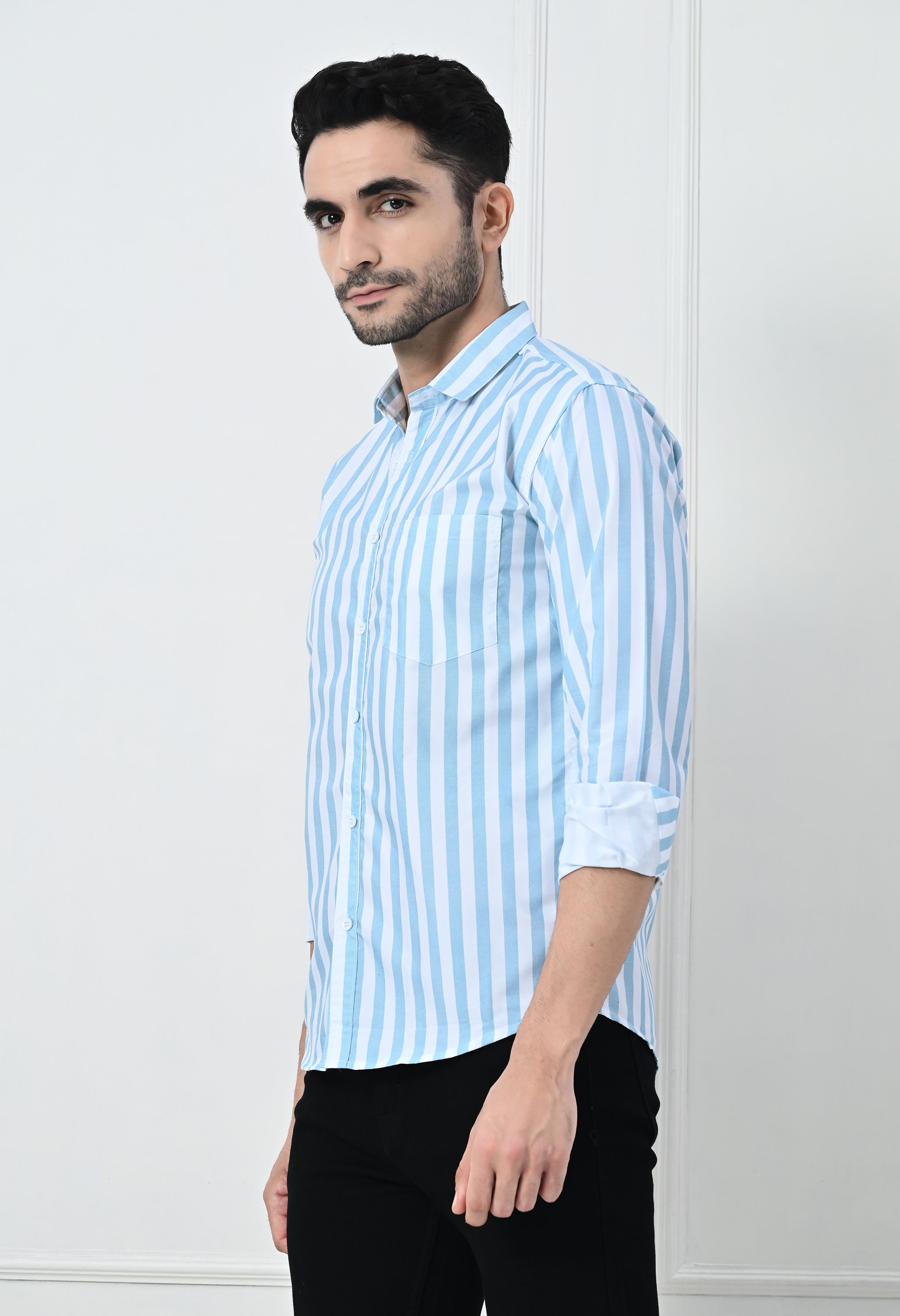 Classic Blue & White Striped Slim Fit Smart Casual Shirt