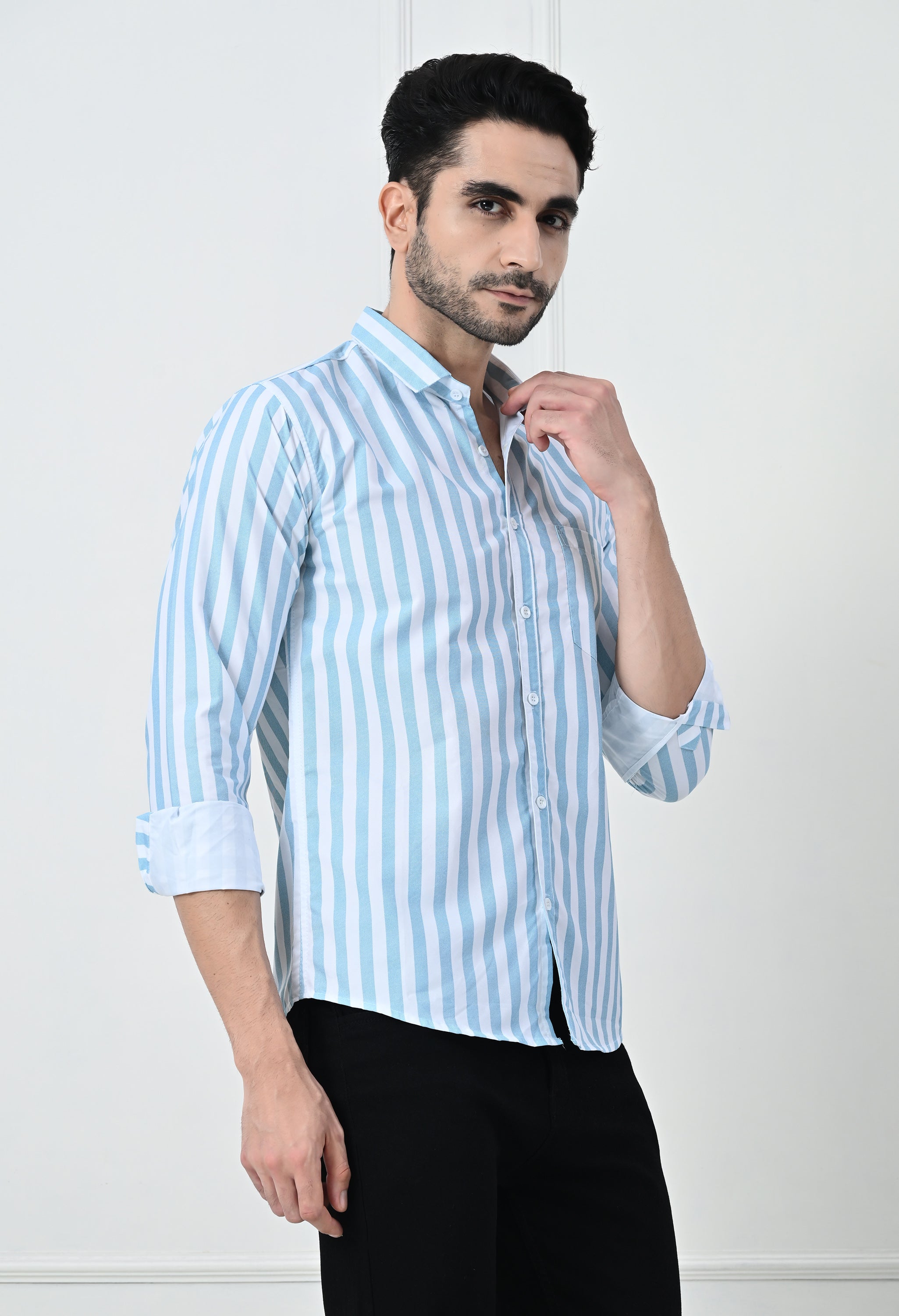 Classic Blue & White Striped Slim Fit Smart Casual Shirt