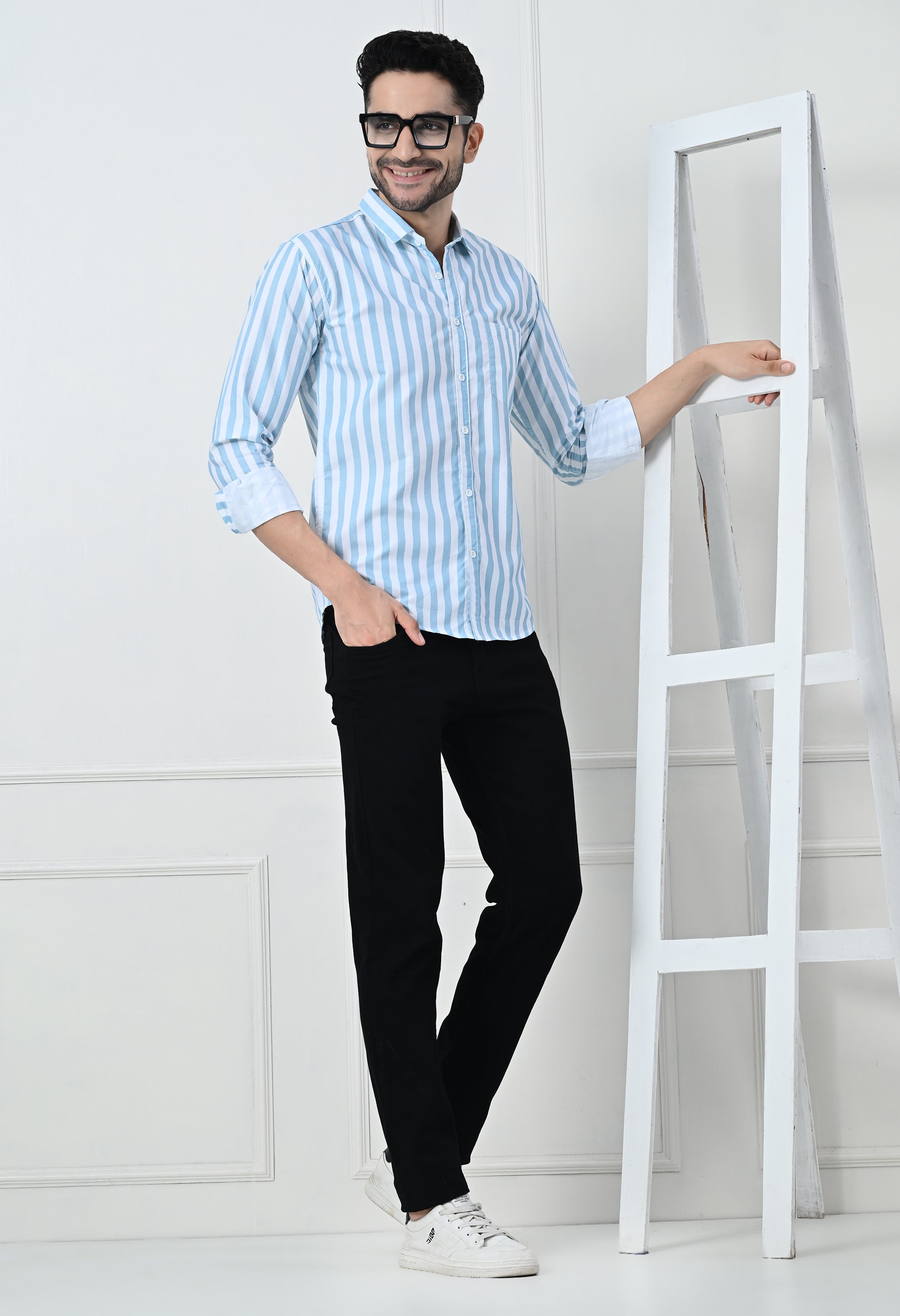 Classic Blue & White Striped Slim Fit Smart Casual Shirt