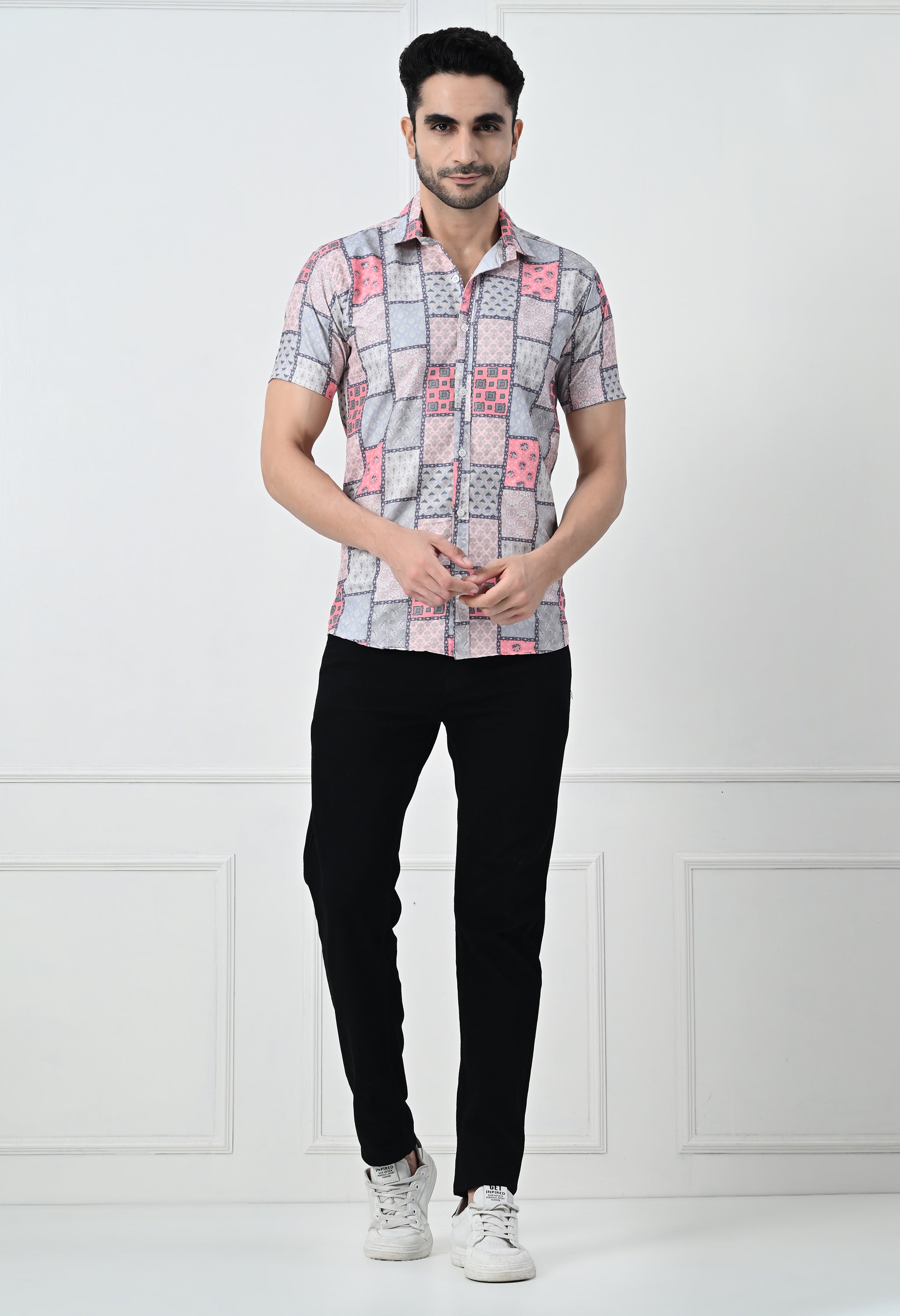 Jaipuri Block Print Patchwork Slim Fit Half-Sleeve Shirt