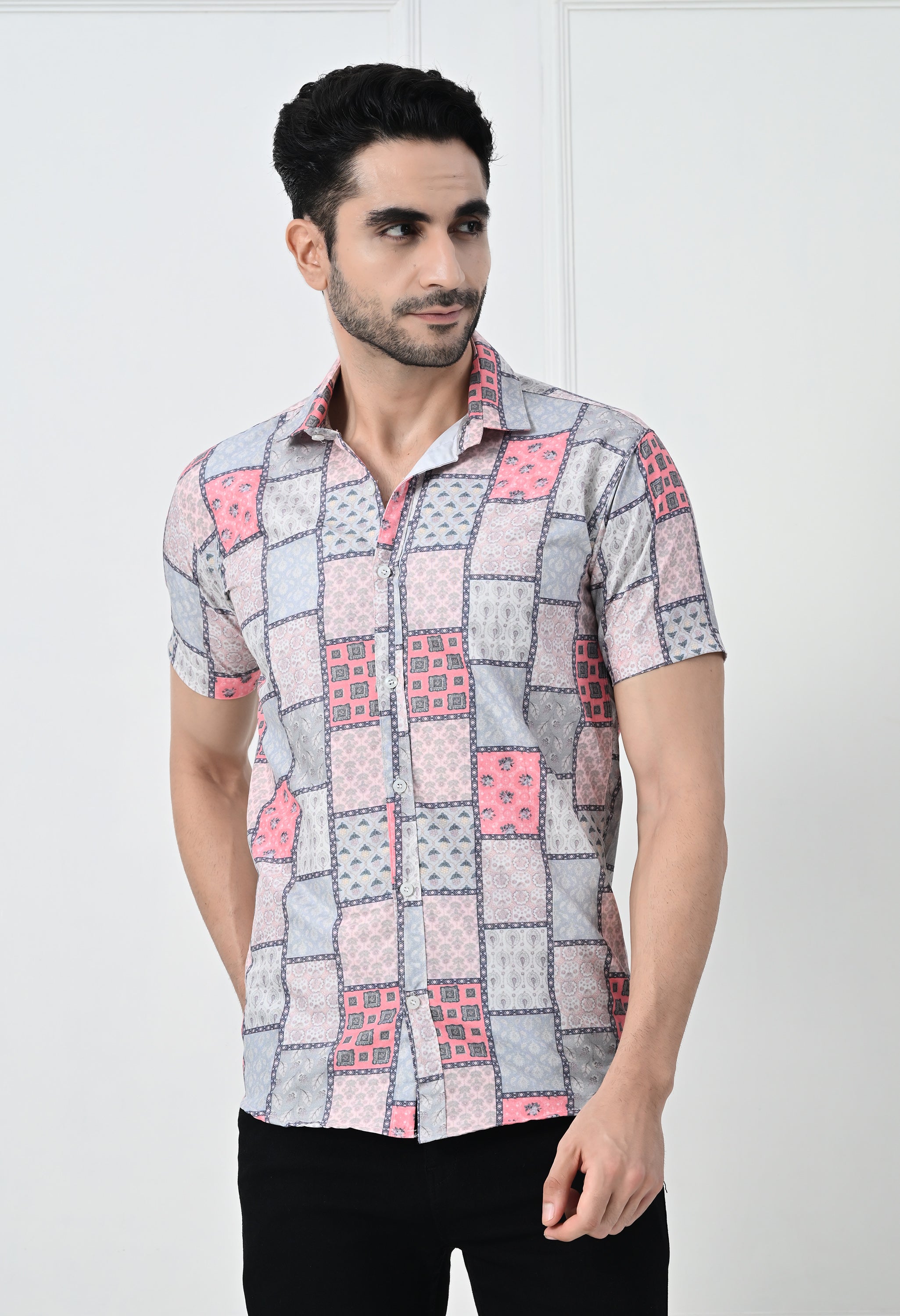 Jaipuri Block Print Patchwork Slim Fit Half-Sleeve Shirt