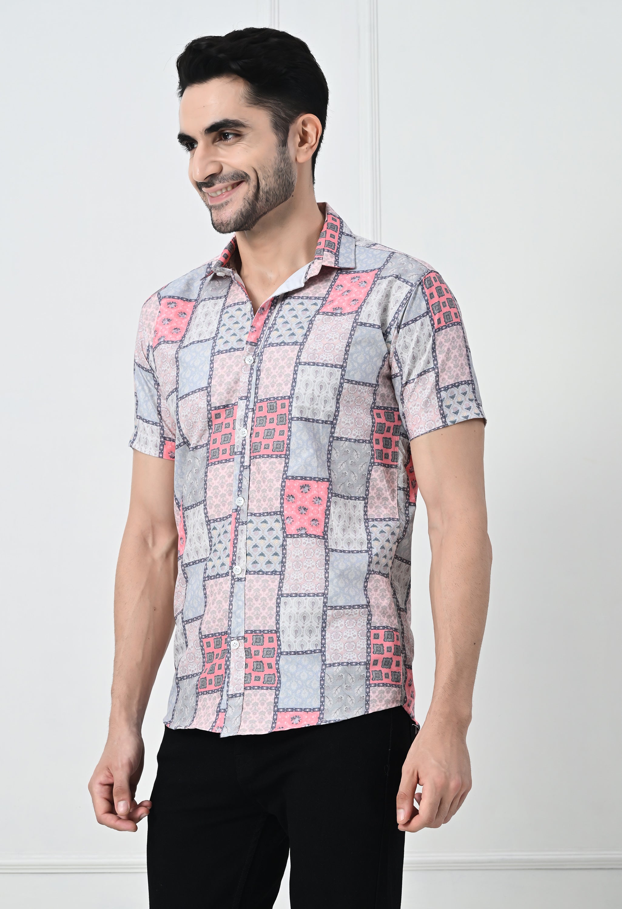 Jaipuri Block Print Patchwork Slim Fit Half-Sleeve Shirt