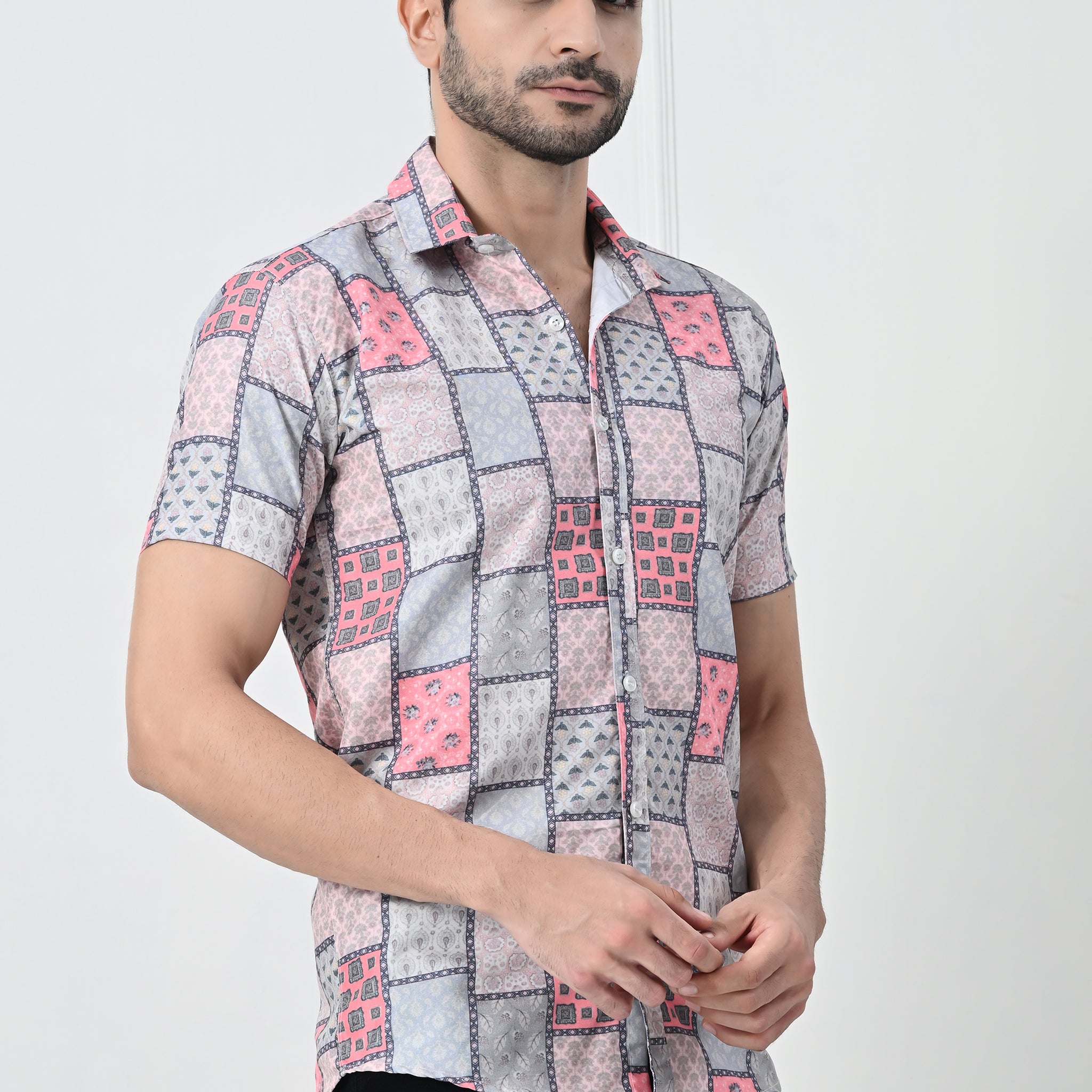 Jaipuri Block Print Patchwork Slim Fit Half-Sleeve Shirt