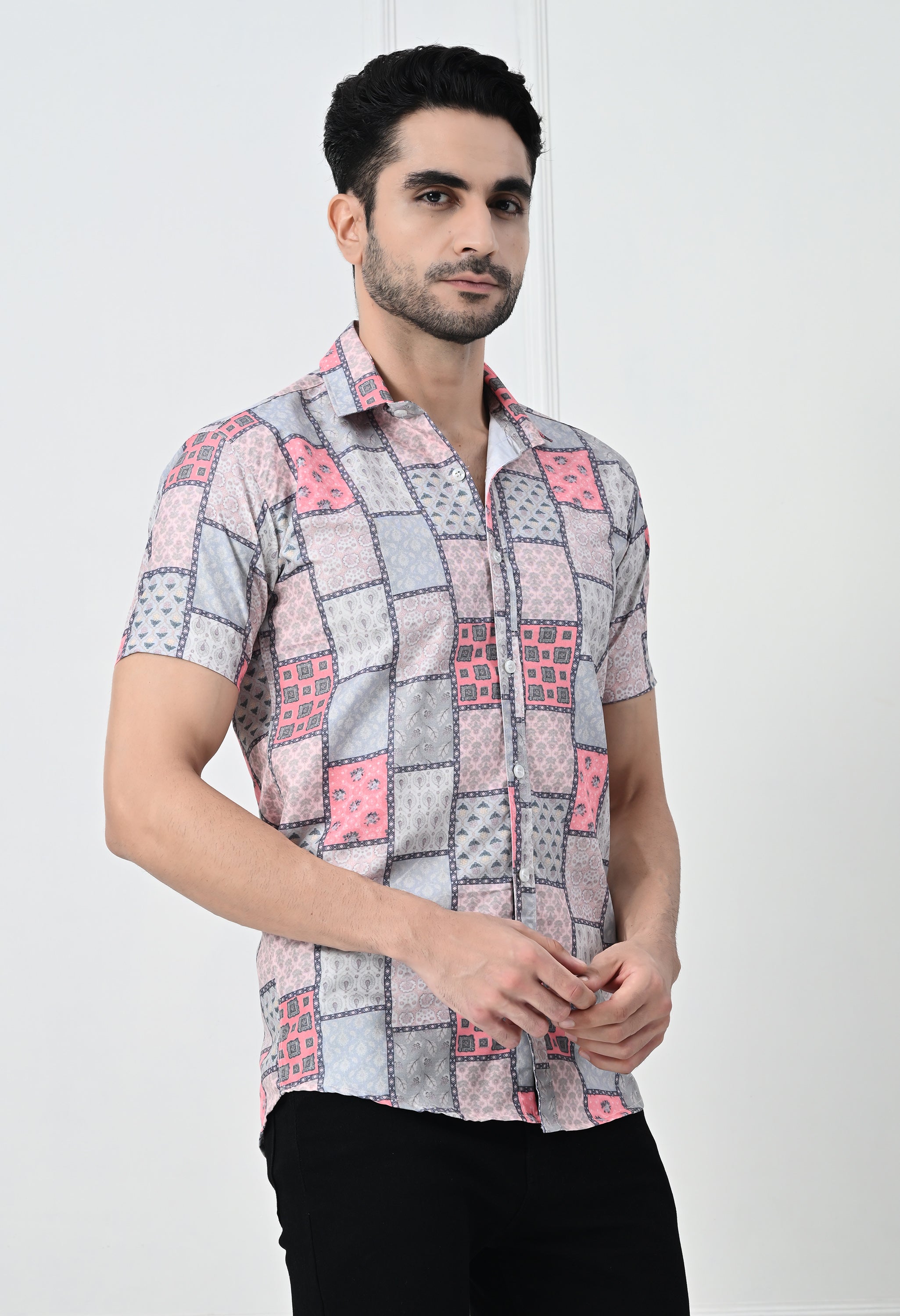 Jaipuri Block Print Patchwork Slim Fit Half-Sleeve Shirt