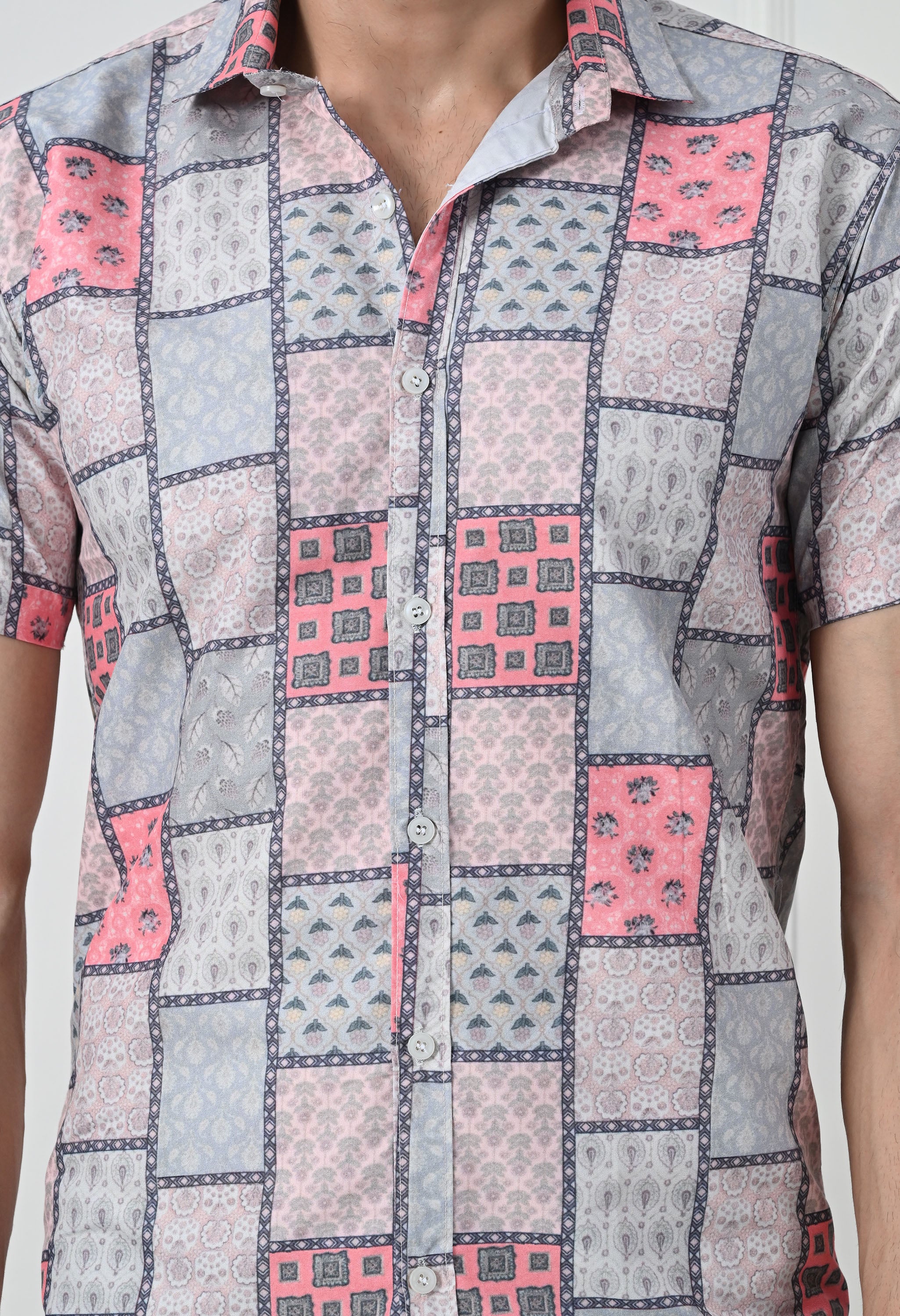 Jaipuri Block Print Patchwork Slim Fit Half-Sleeve Shirt