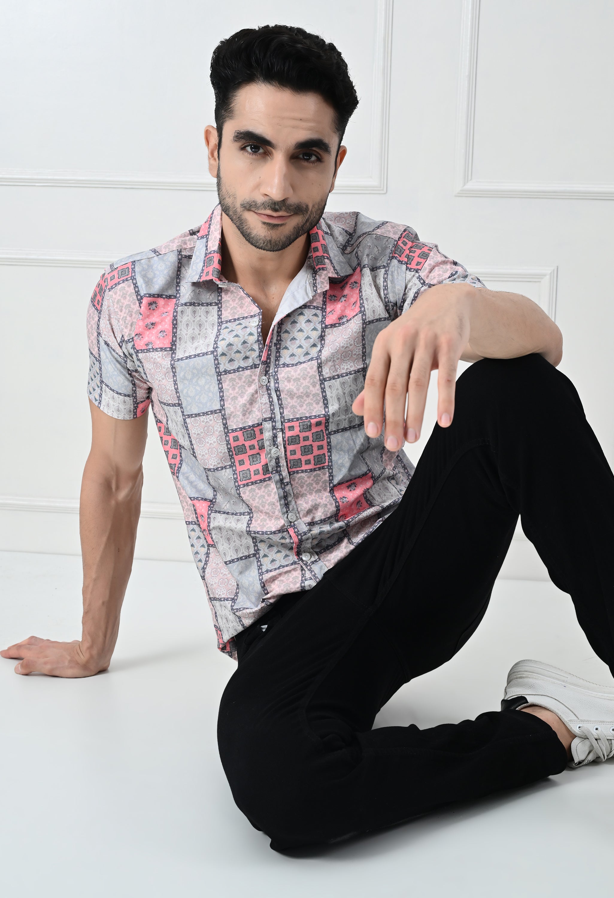 Jaipuri Block Print Patchwork Slim Fit Half-Sleeve Shirt