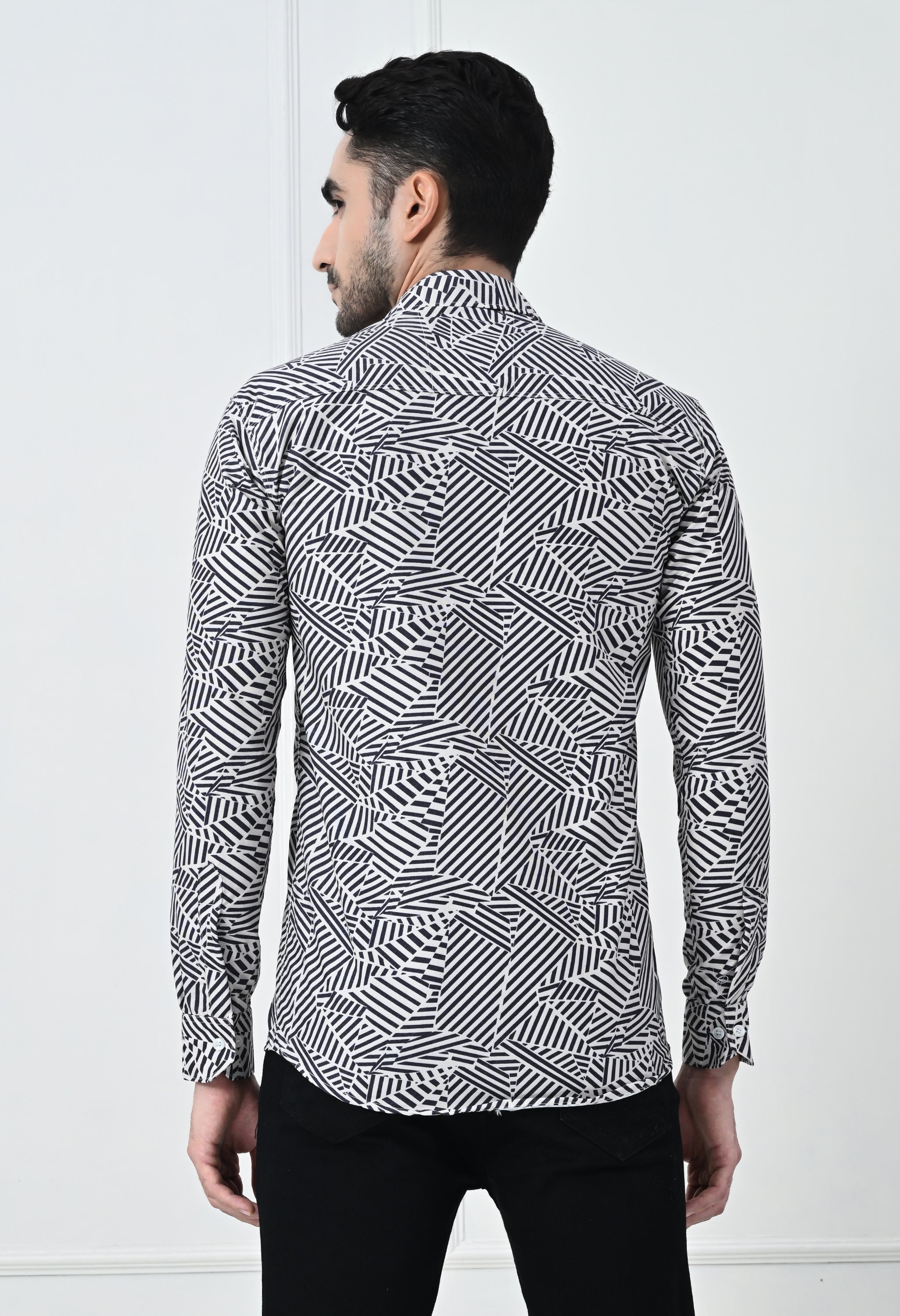 Monochrome Abstract Geometric Print Slim Fit Party Shirt