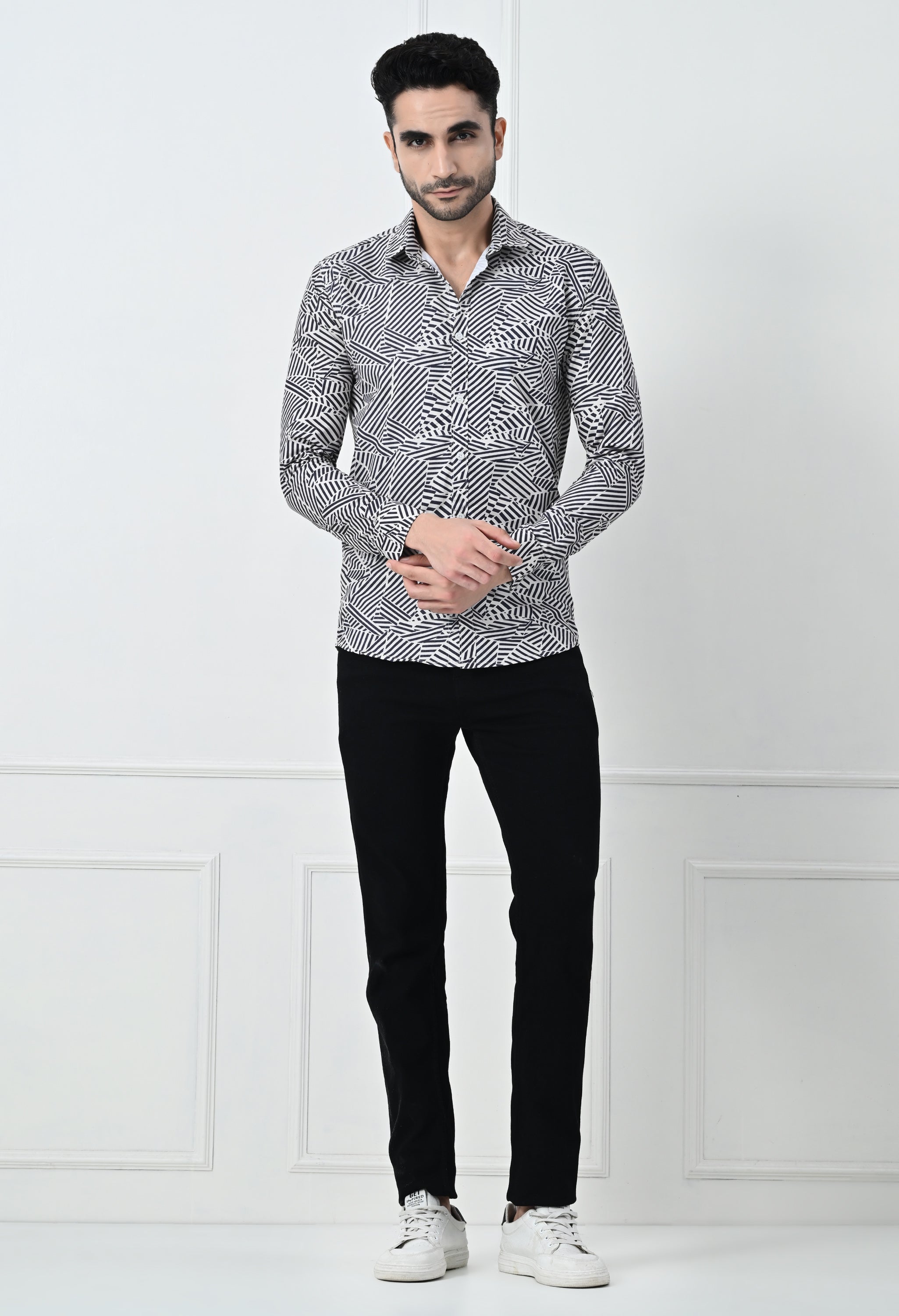 Monochrome Abstract Geometric Print Slim Fit Party Shirt