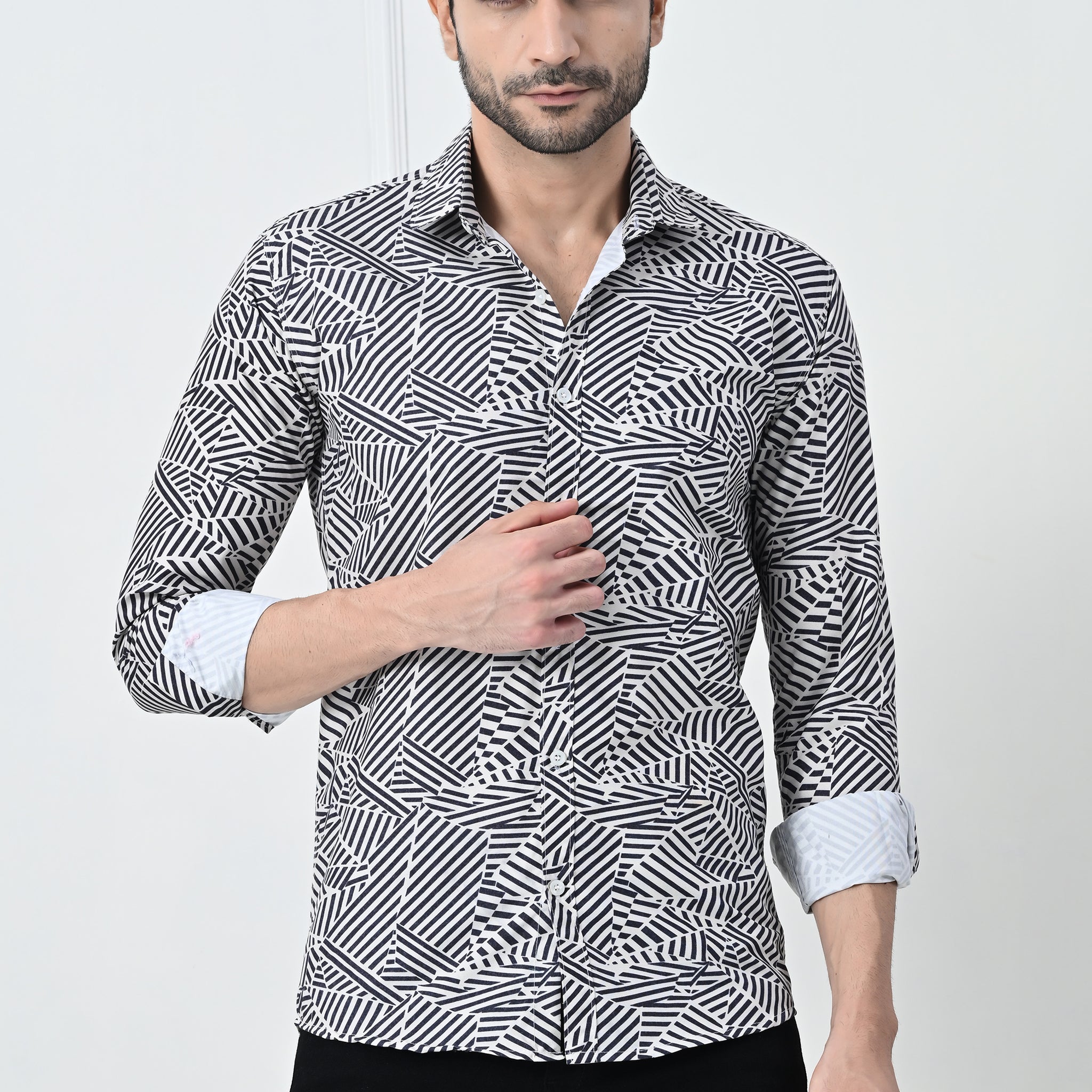 Monochrome Abstract Geometric Print Slim Fit Party Shirt