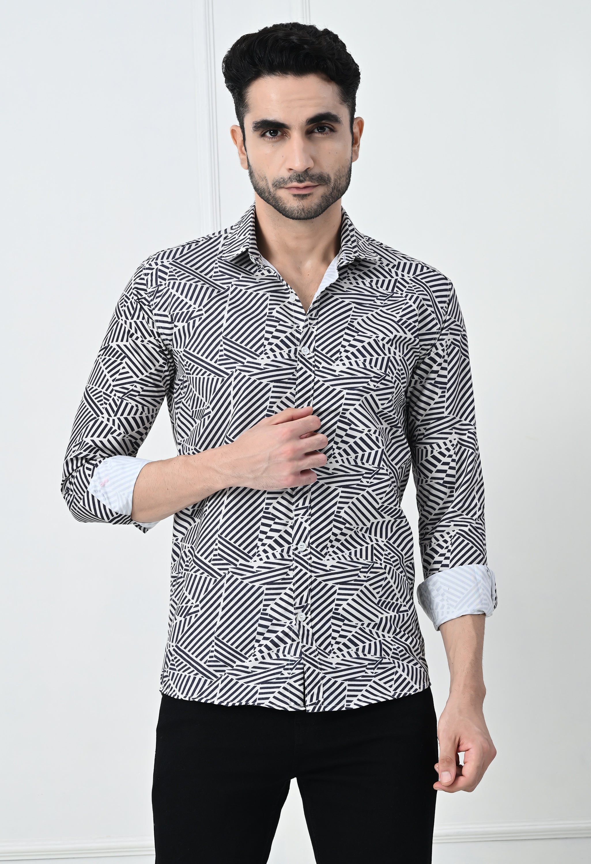 Monochrome Abstract Geometric Print Slim Fit Party Shirt