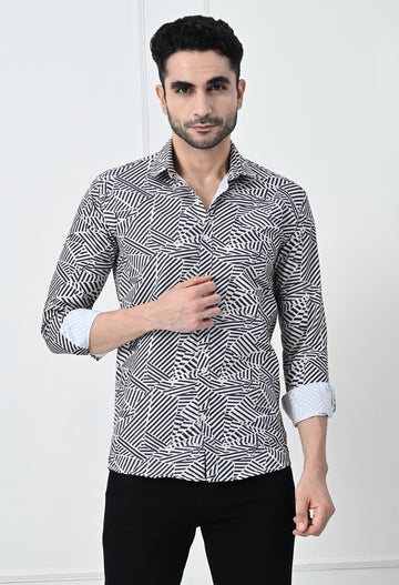 Monochrome Abstract Geometric Print Slim Fit Party Shirt