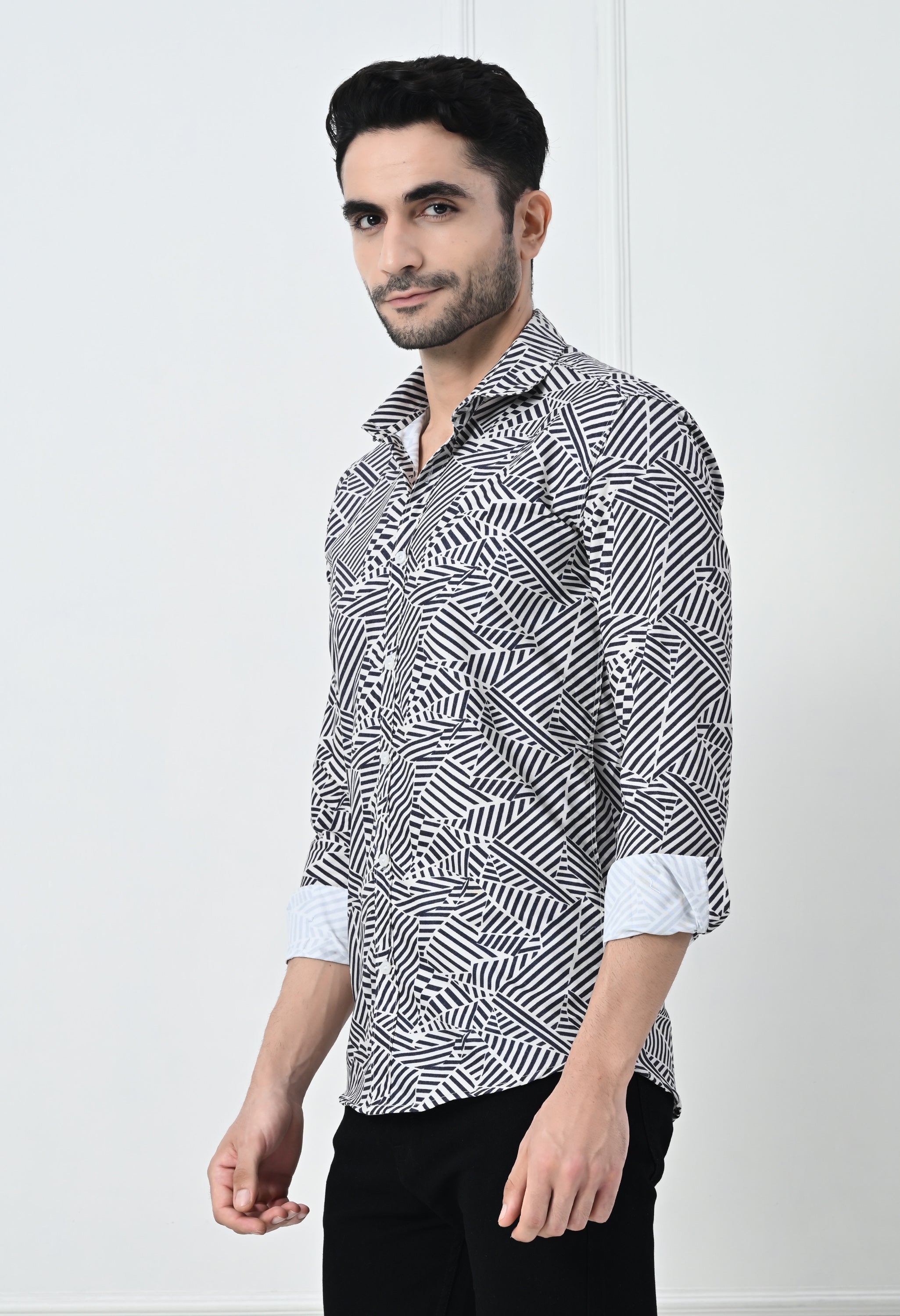 Monochrome Abstract Geometric Print Slim Fit Party Shirt