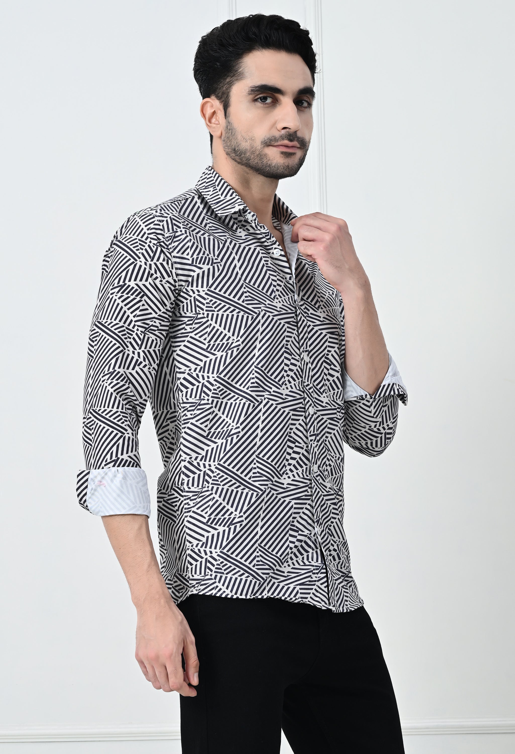 Monochrome Abstract Geometric Print Slim Fit Party Shirt