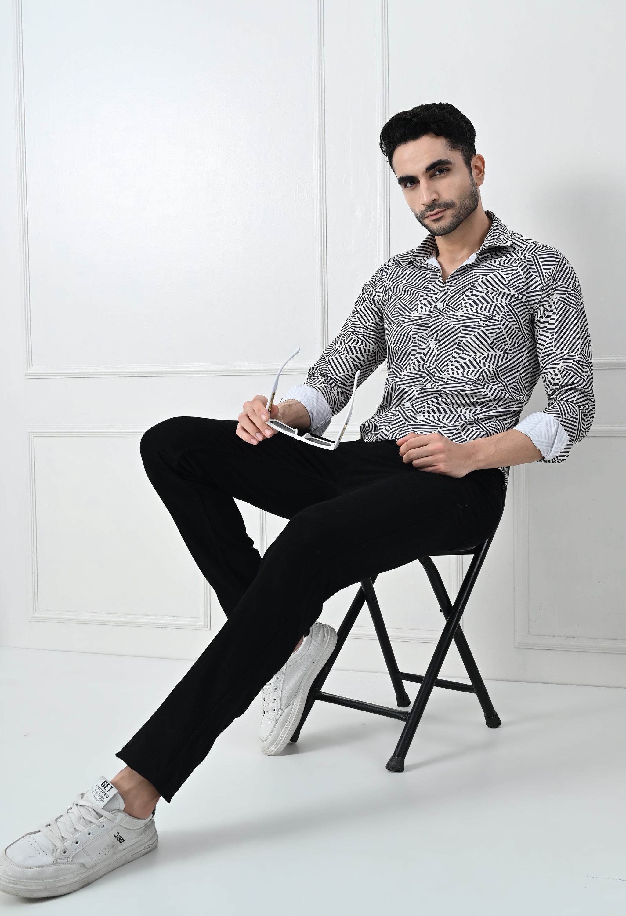 Monochrome Abstract Geometric Print Slim Fit Party Shirt