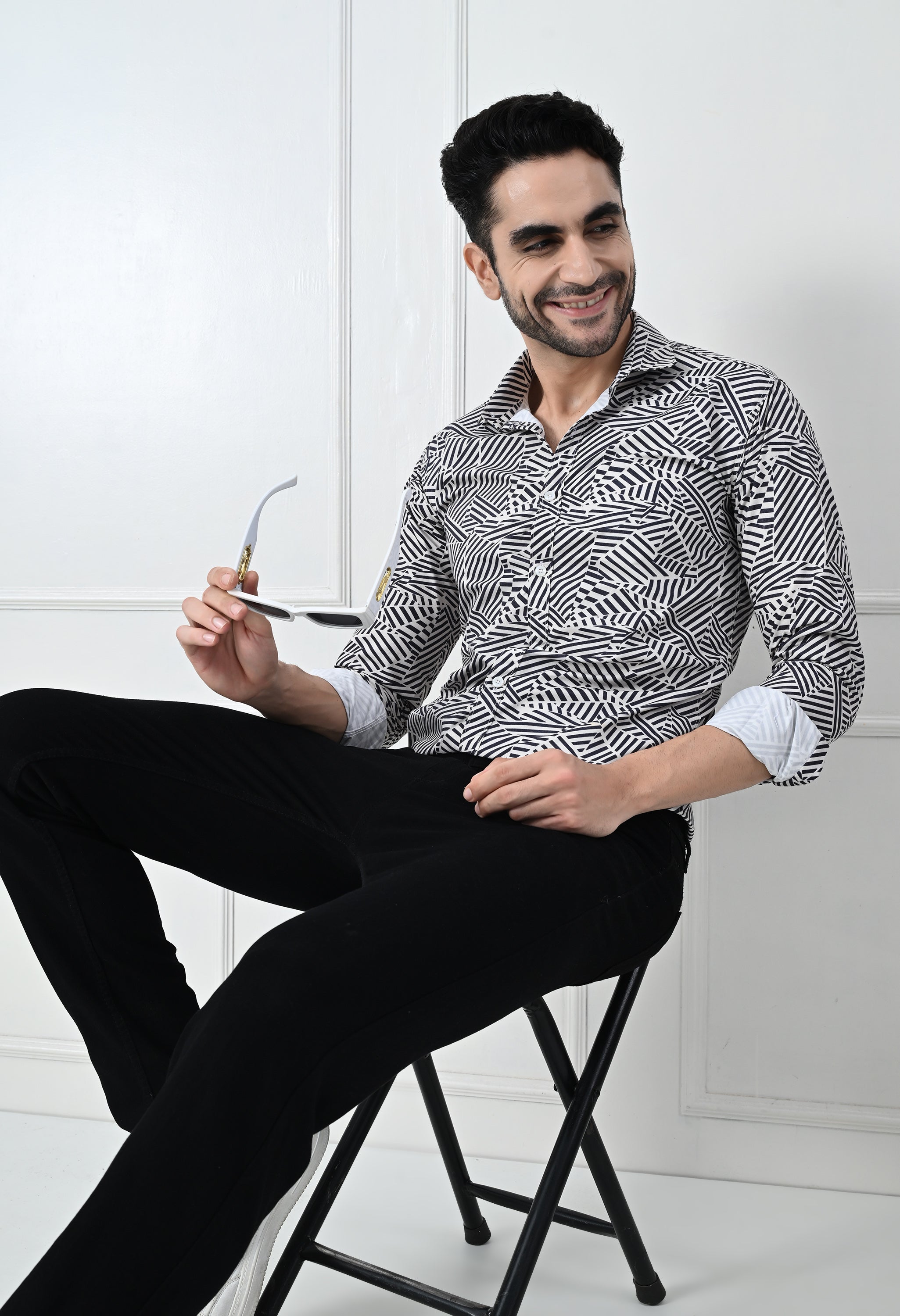 Monochrome Abstract Geometric Print Slim Fit Party Shirt
