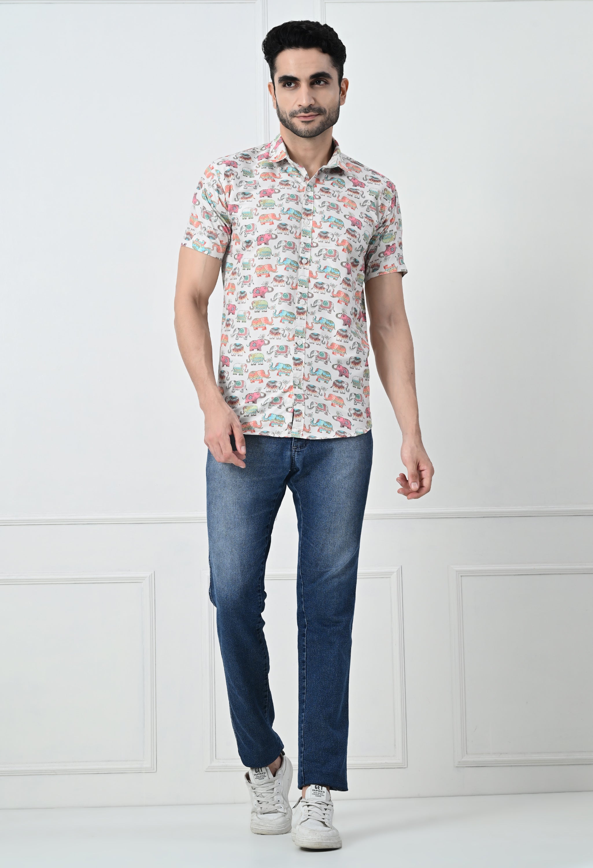 Quirky Camel Print Slim Fit Half-Sleeve Shirt
