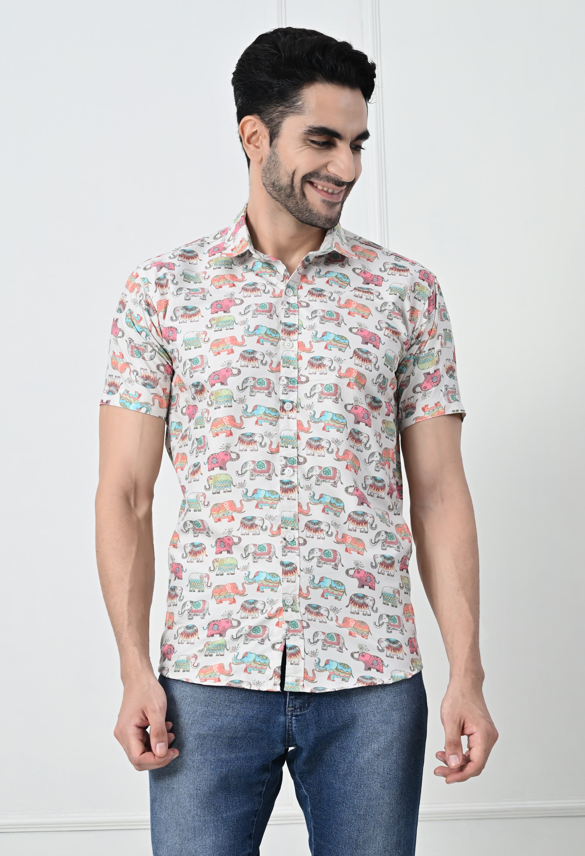 Quirky Camel Print Slim Fit Half-Sleeve Shirt