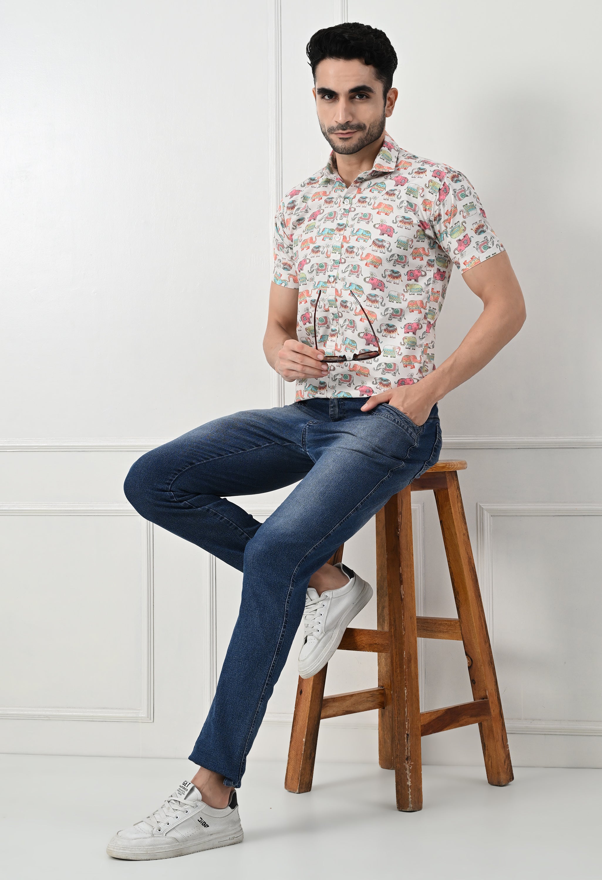 Quirky Camel Print Slim Fit Half-Sleeve Shirt