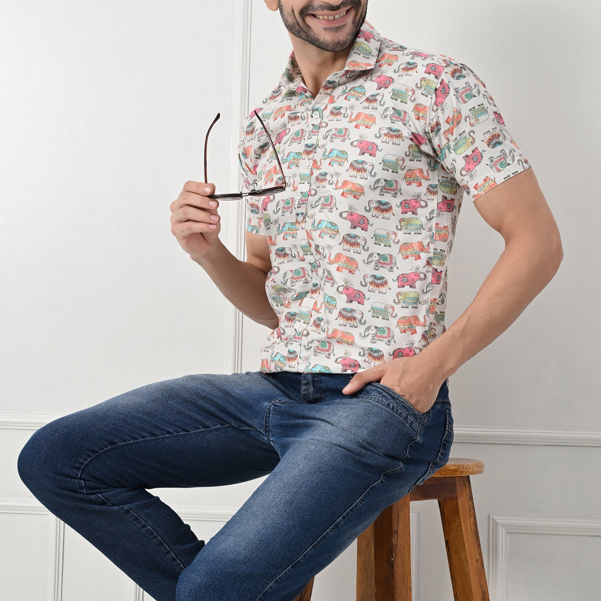 Quirky Camel Print Slim Fit Half-Sleeve Shirt