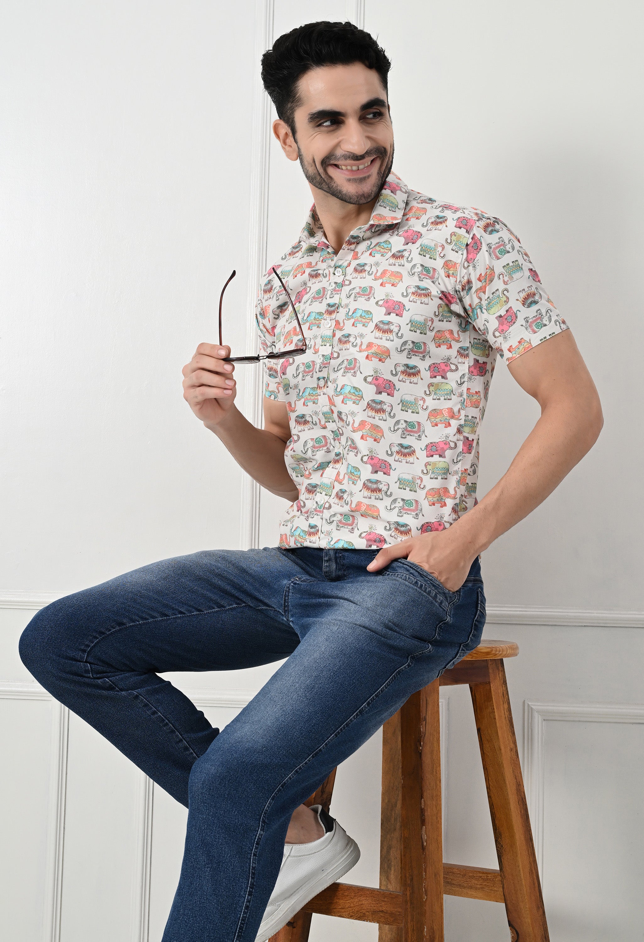 Quirky Camel Print Slim Fit Half-Sleeve Shirt