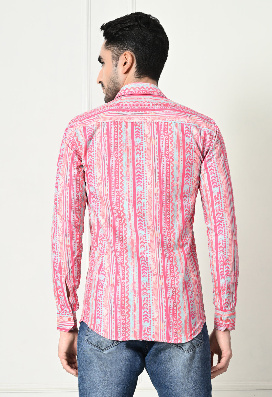Pink Ethnic Stripe Print Slim Fit Festive Shirt
