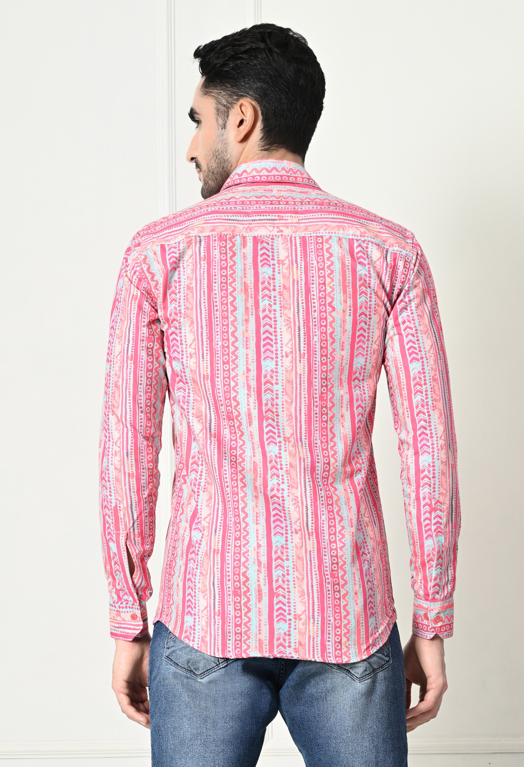 Pink Ethnic Stripe Print Slim Fit Festive Shirt