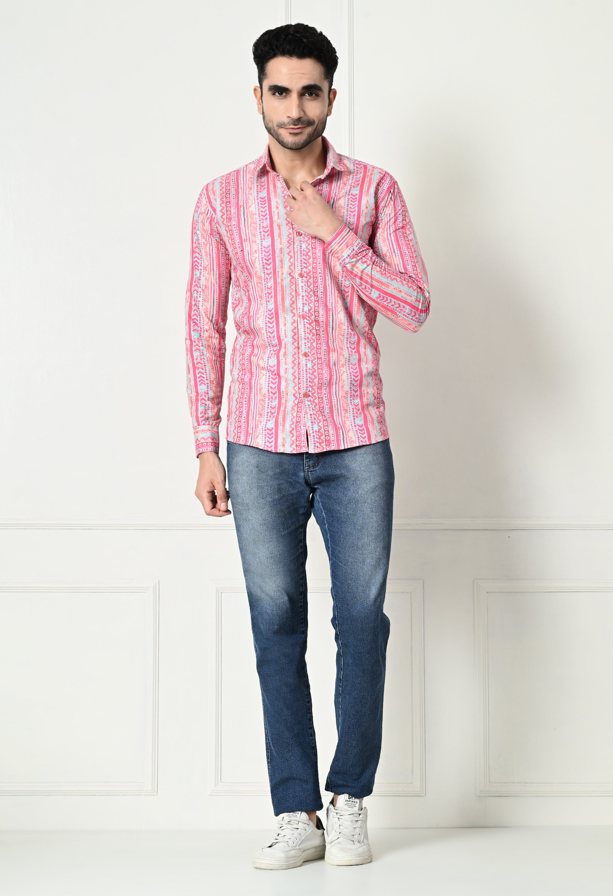 Pink Ethnic Stripe Print Slim Fit Festive Shirt