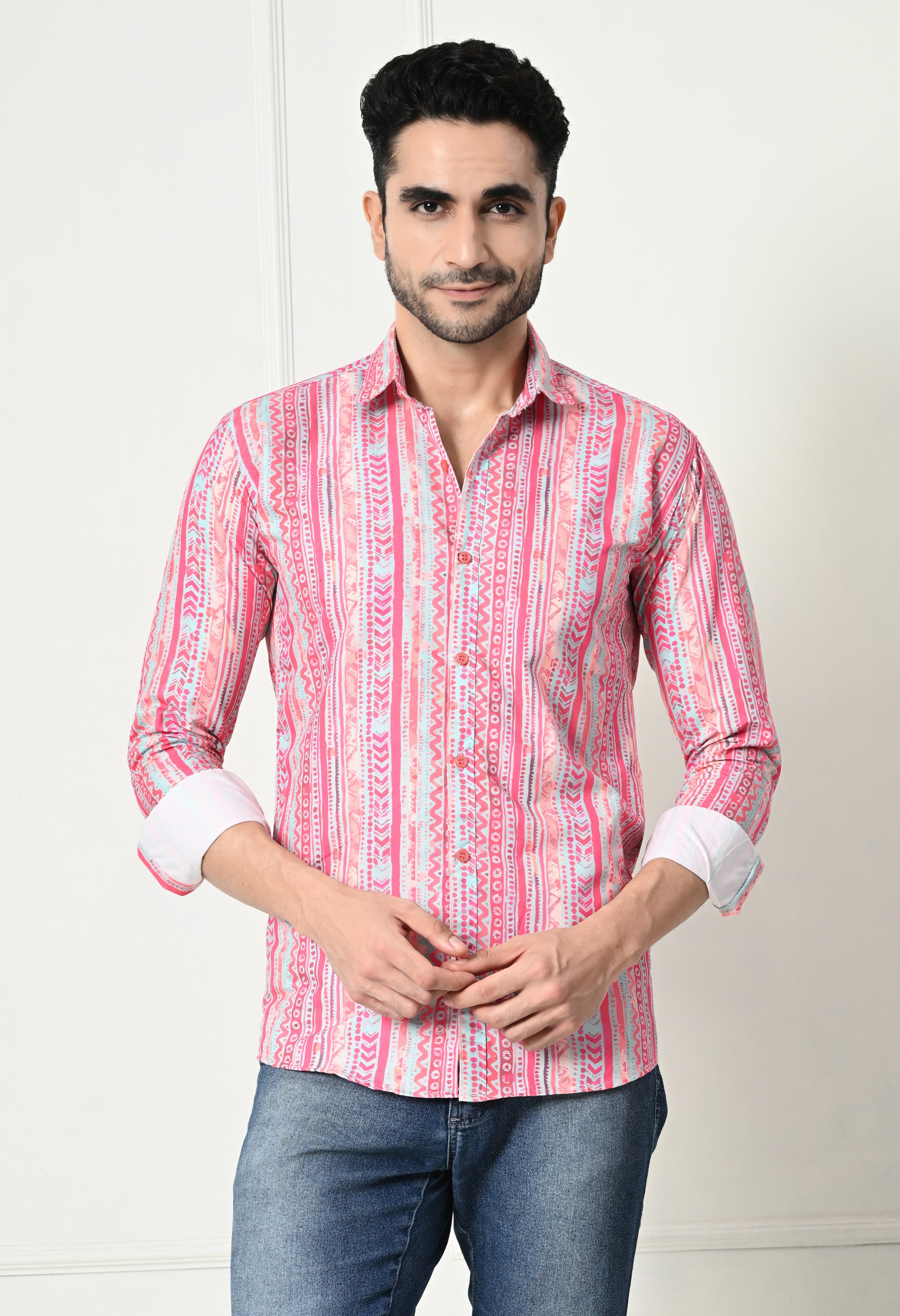 Pink Ethnic Stripe Print Slim Fit Festive Shirt