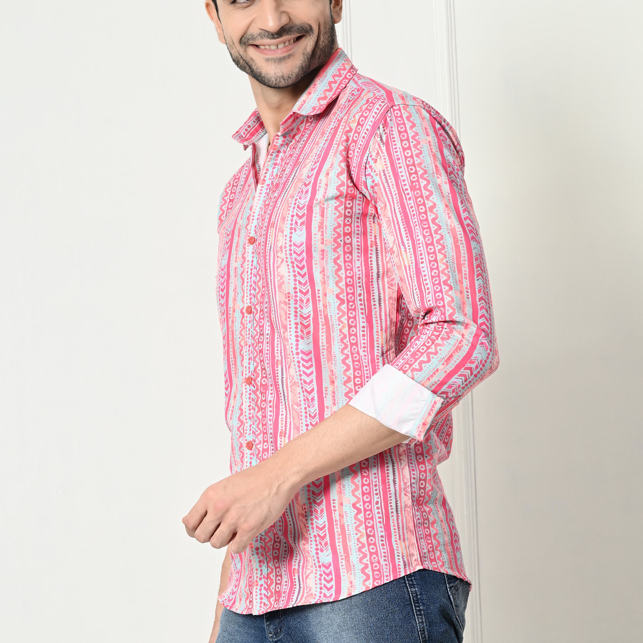 Pink Ethnic Stripe Print Slim Fit Festive Shirt