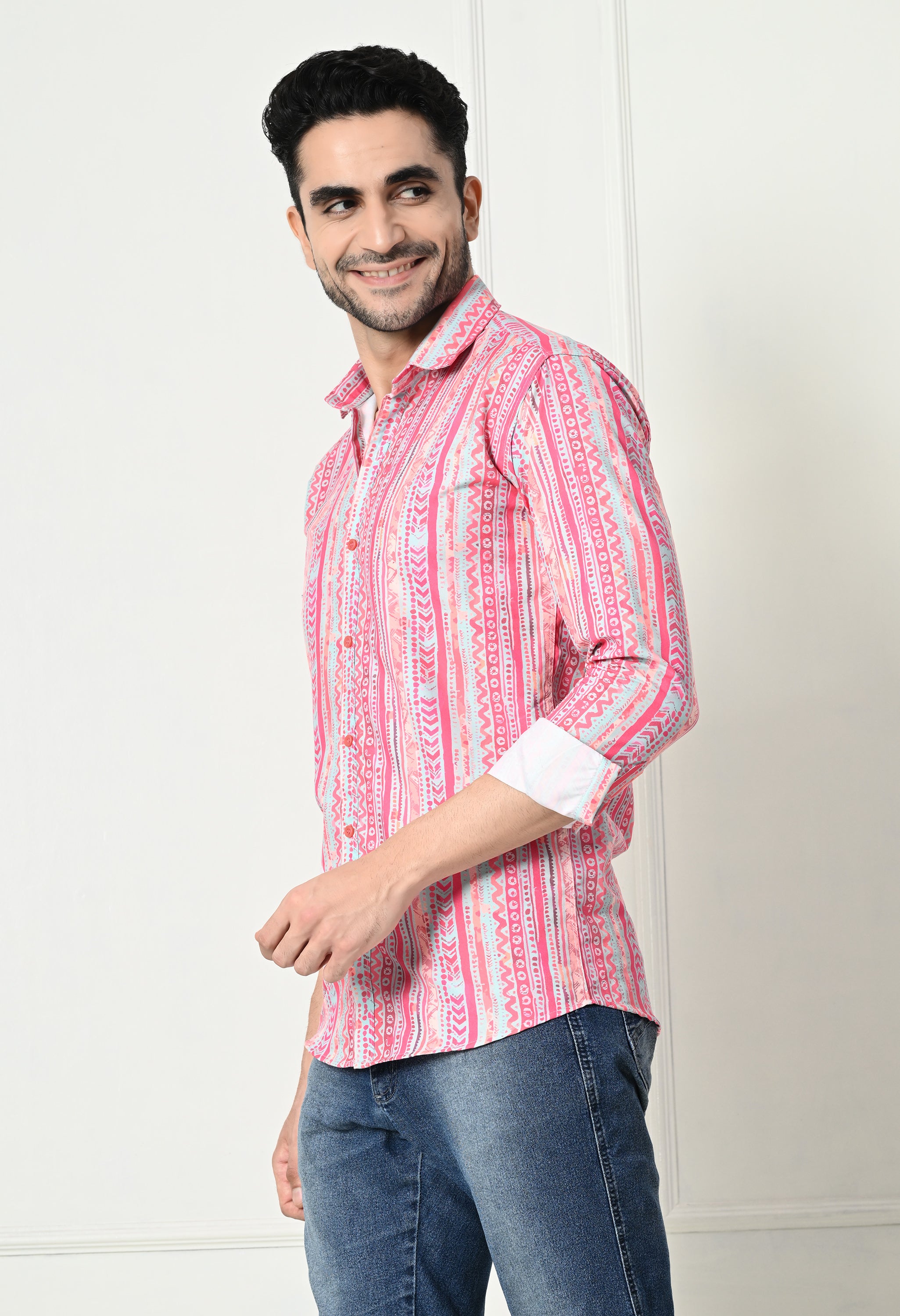 Pink Ethnic Stripe Print Slim Fit Festive Shirt